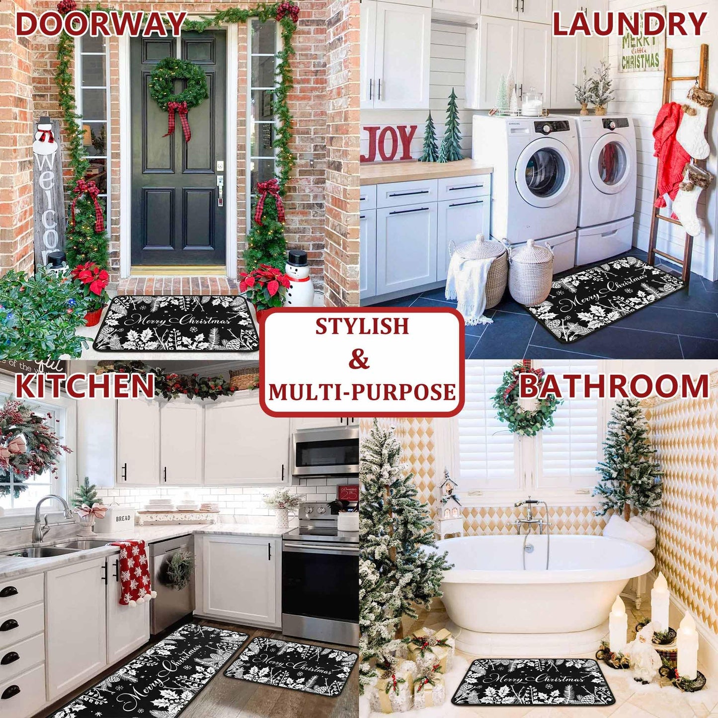 Christmas Kitchen Mats Set of 2, Black Christmas Decorations for Home, Holly Pine Branches Pinecones Kitchen Rugs Non-Slip Backing Winter Floor Mat Xmas Decor Washable Runner Rug 17"x47.2"+17"x30"