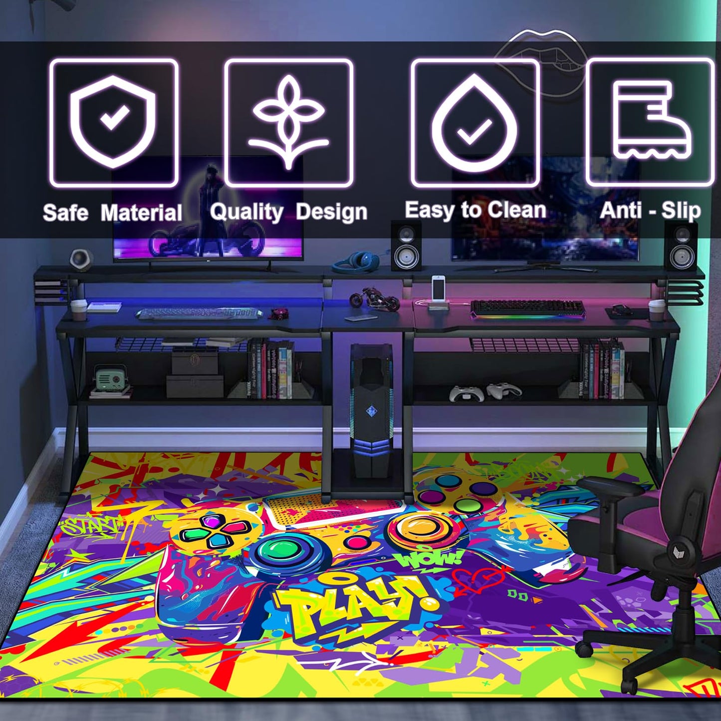 Gaming Area Rug Teen Boys Carpet, Colorful Graffiti Gamepad Graffiti Background Game Controller Design for Game Room, Boys Girls Bedroom Playroom, Living Room (Graffiti, 79" x 59")