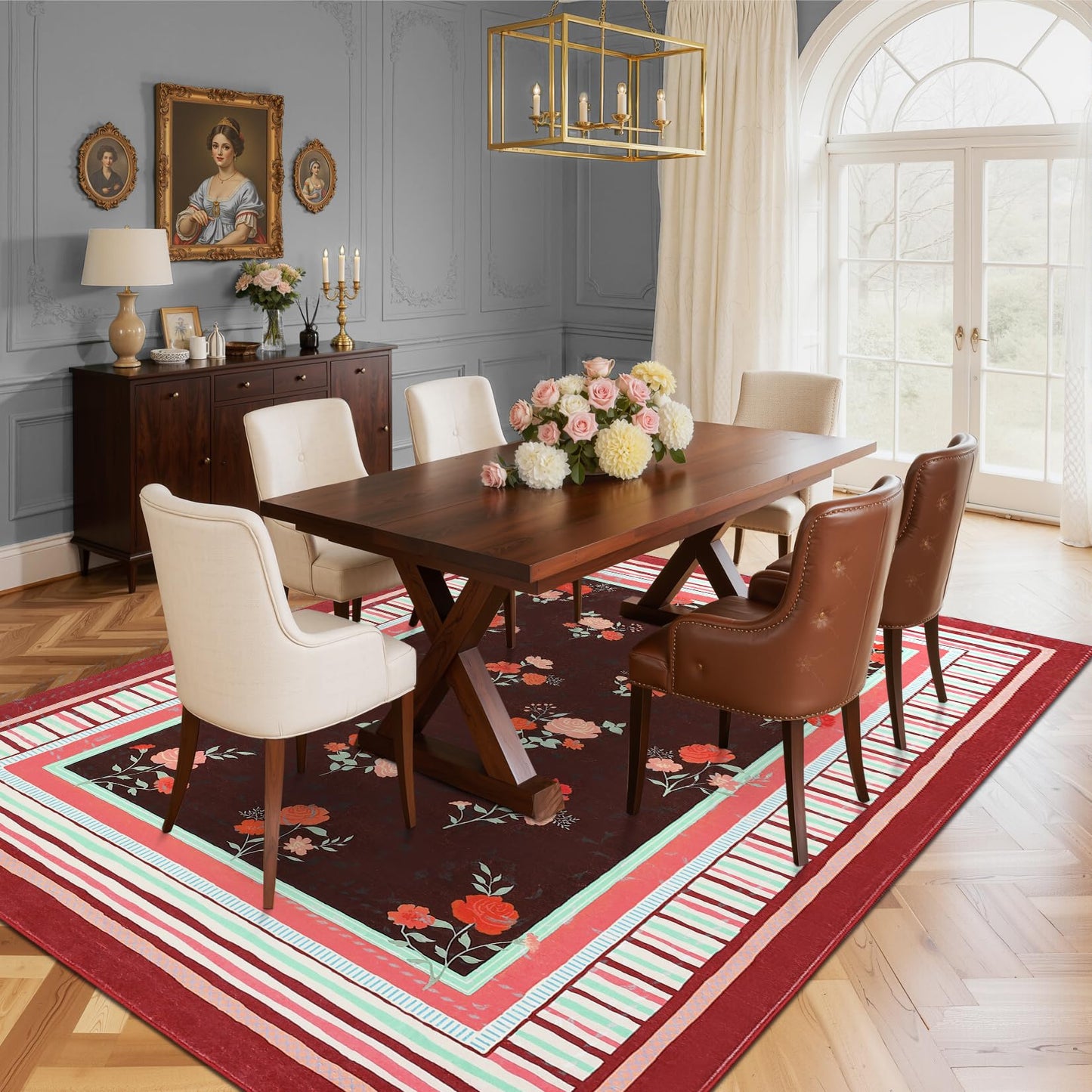 GarveeHome Red 8x10 Area Rug, Vintage Floral Design, Machine Washable Rug Low Pile, Lightweight Non Slip, Soft Carpet for Living Room Bedroom Dining Room Nursery
