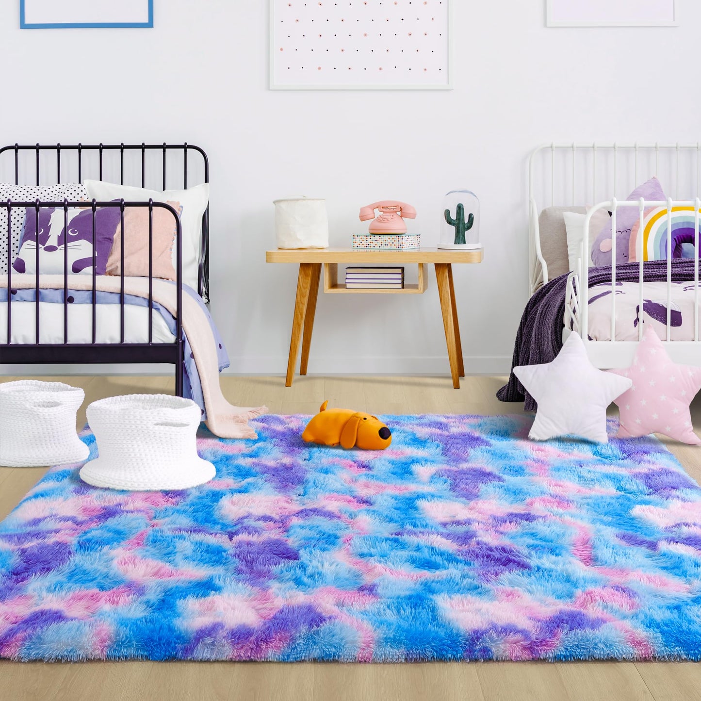 Foxmas Large Area Rugs for Living Room Bedroom 6x9 Feet, Fluffy Kids Room Plush Shaggy Nursery Rug Furry Throw Carpets for Boys Girls, College Dorm Fuzzy Rugs Home Decorate Rug, Rainbow Blue