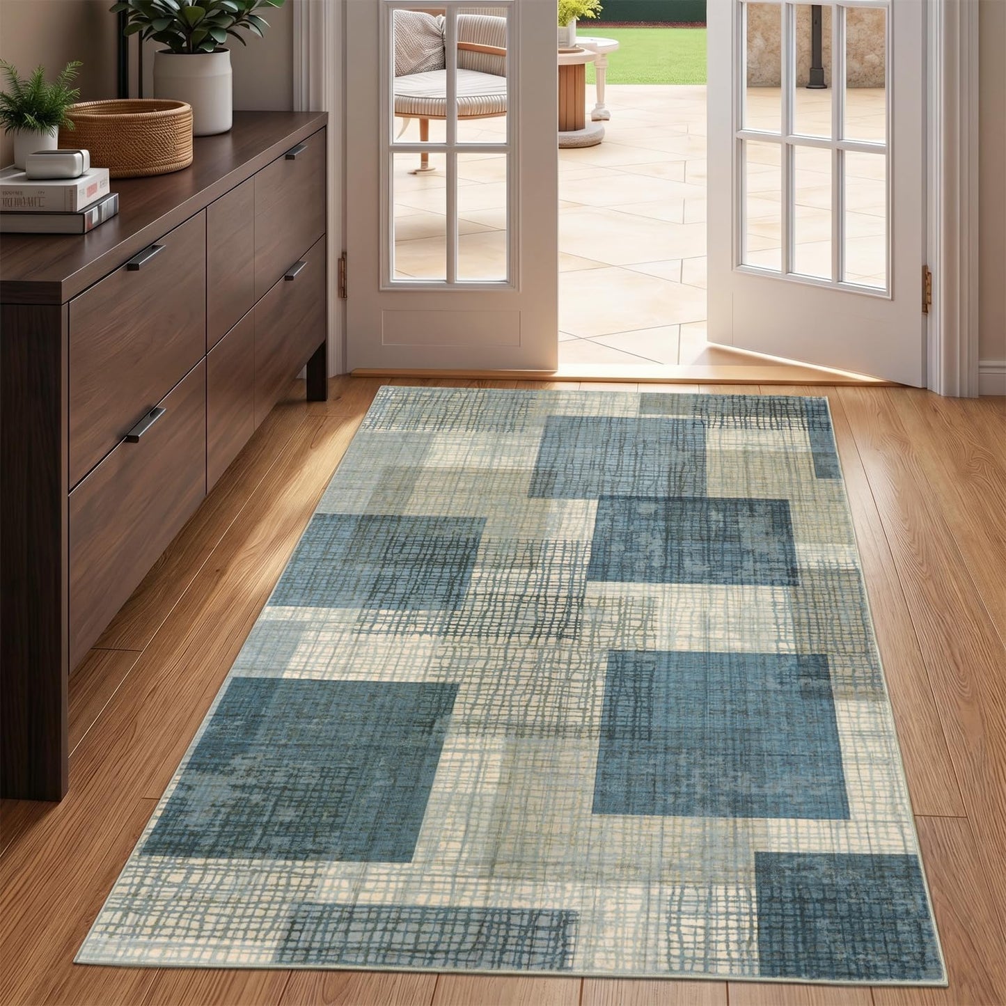 Ailyei Area Rugs 3x5 Kitchen Rugs Entry Rug for Inside House, Modern Geometric Entryway Rug Non Slip Stain & Fade Resistant, Grid Print Patchwork Area Rug for Entrance Bedroom Decor, Blue