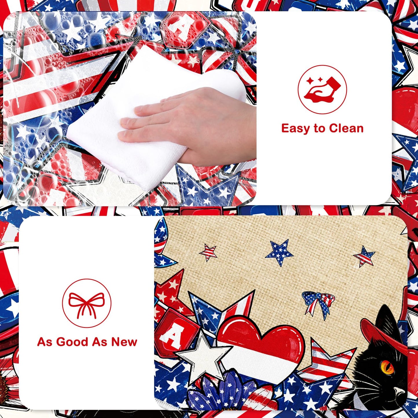 Yoyuspy Kitchen Mats for Floor Decor, 4th of July Black Cat Kitchen Rug Non Slip Washable Sets of 3, Patriotic Floor Mat for Home Sink and Laundry 16x28+16x47 Inch