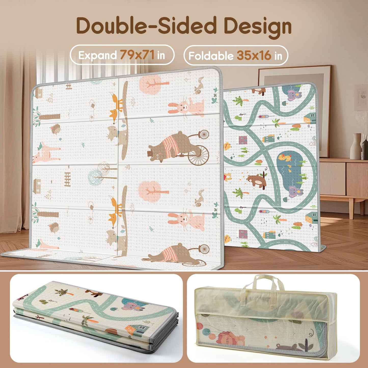 Foldable Baby Play Mat for Floor, PIGLOG 79x71 Extra Large Crawiling Play Mat for Babies, Waterproof & Portable Tummy Time and Non-Toxic Soft Foam Playmat for Infants, Toddlers, Bear