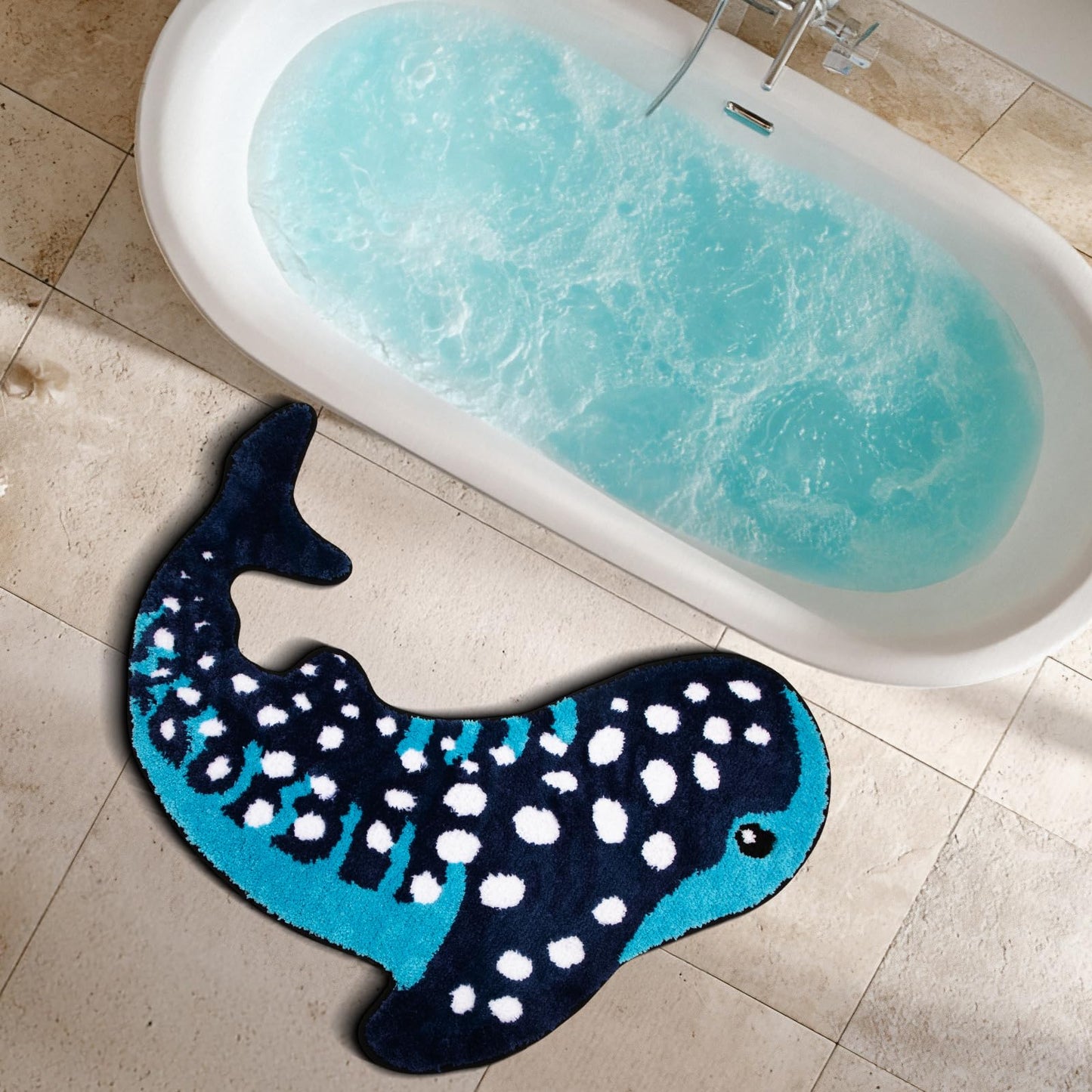 Percozzi Whale Shark Bathroom Rug 35"*28", Handmade Funny Tufted Ocean Animal Bath Mat with Non-Slip TPR Backing Beach Soft Plush Absorbent Blue Whale Shark Bath for Coastal & Marine Lovers