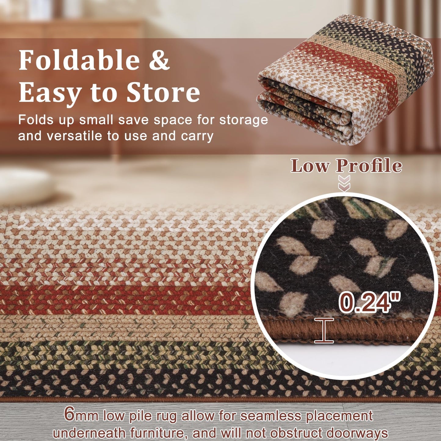 RUGSREAL 5x7 Bedroom Rug Machine Washable Living Room Area Rug Modern Braid Printed Throw Carpet for Dining Room Non Slip Large Entryway Rug Farmhouse Carpet for Home Decor, Crimson/Earthy