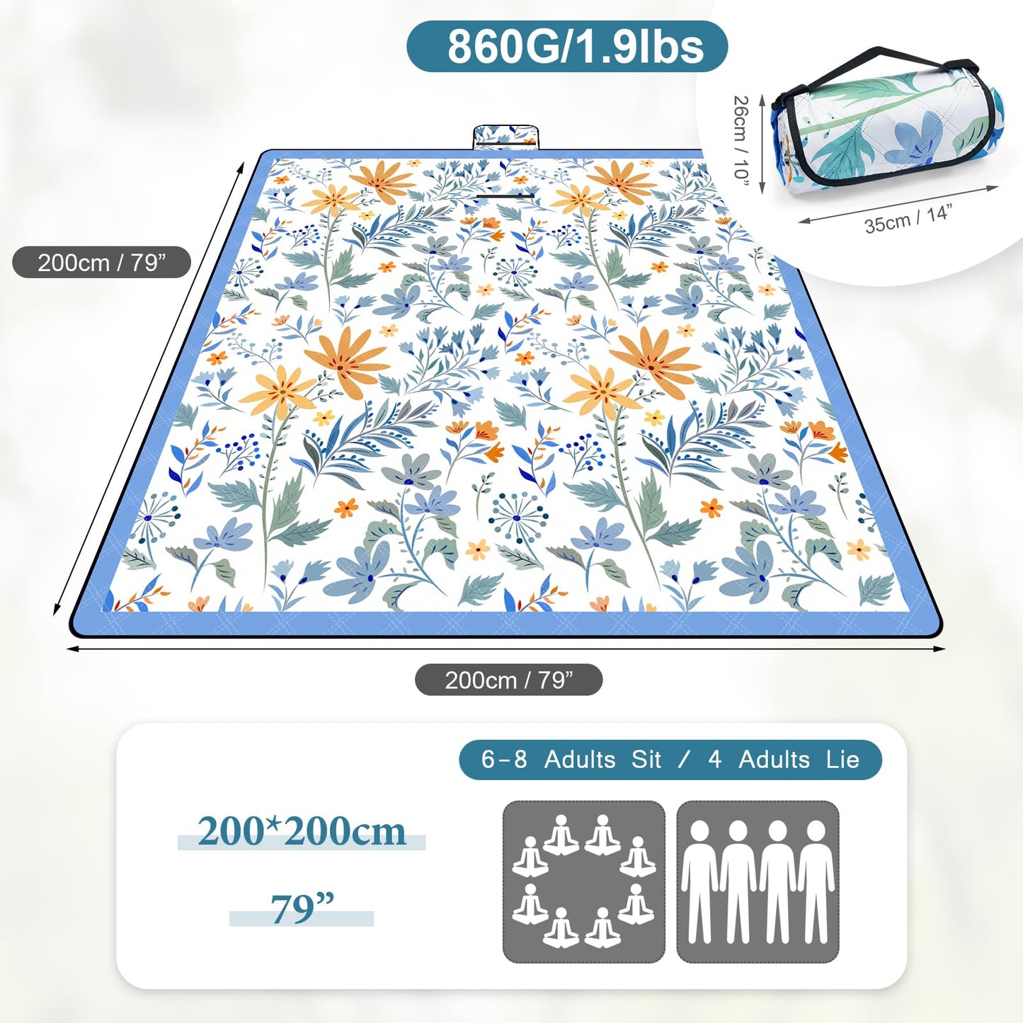 DEWUR Picnic Blankets 79"x79" Extra Large Outdoor Blanket Beach Blanket Waterproof SandProof Picnic Mat Washable Foldable Portable for Grass Lawn Beach Camping (White with Flowers)
