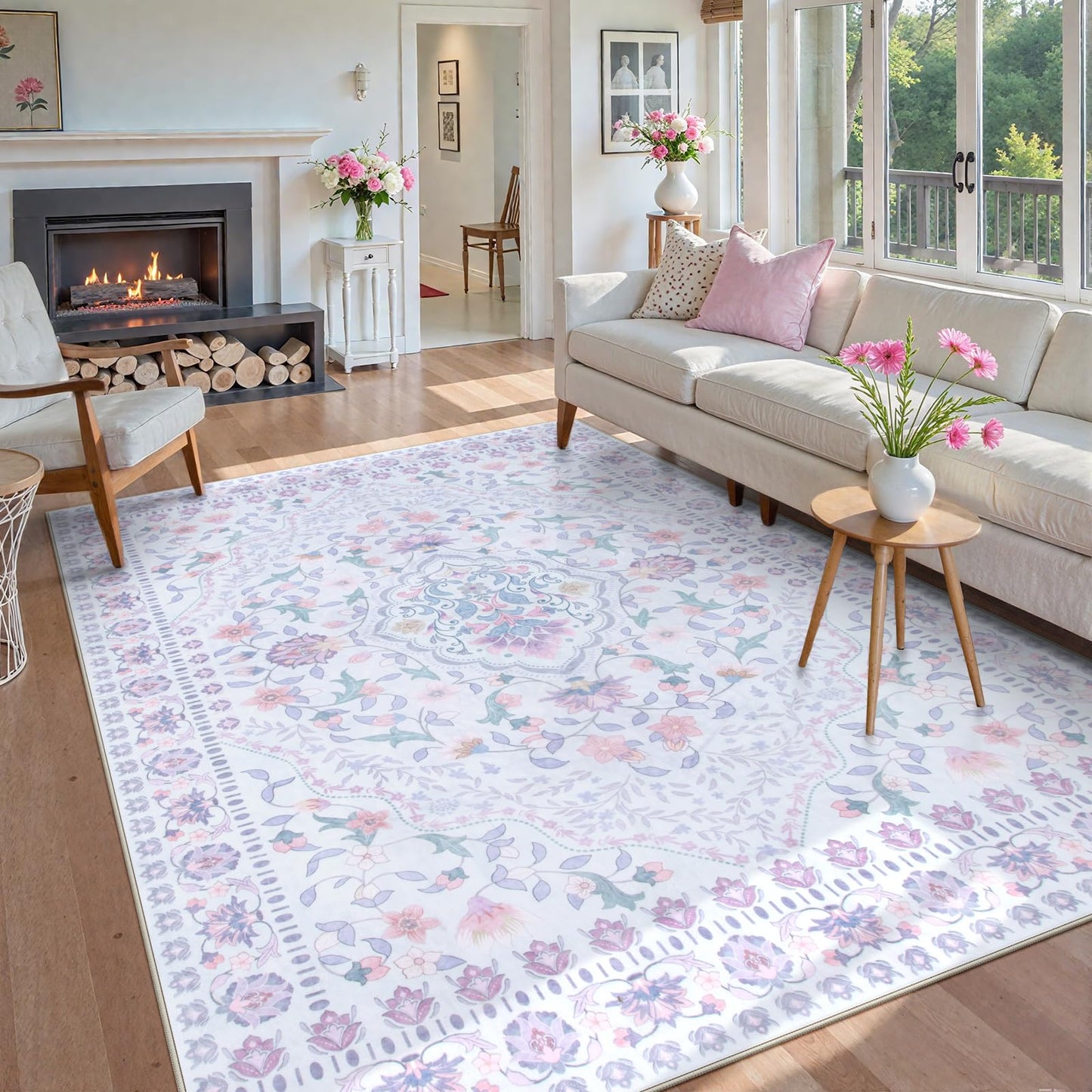 Wonnitar Floral Purple Rug for Bedroom, 8x10 Washable Rugs for Nursery Girls, Boho Low Pile Soft Non Slip Carpet for Dorm Living Room Playroom Home Decor, Pale Purple