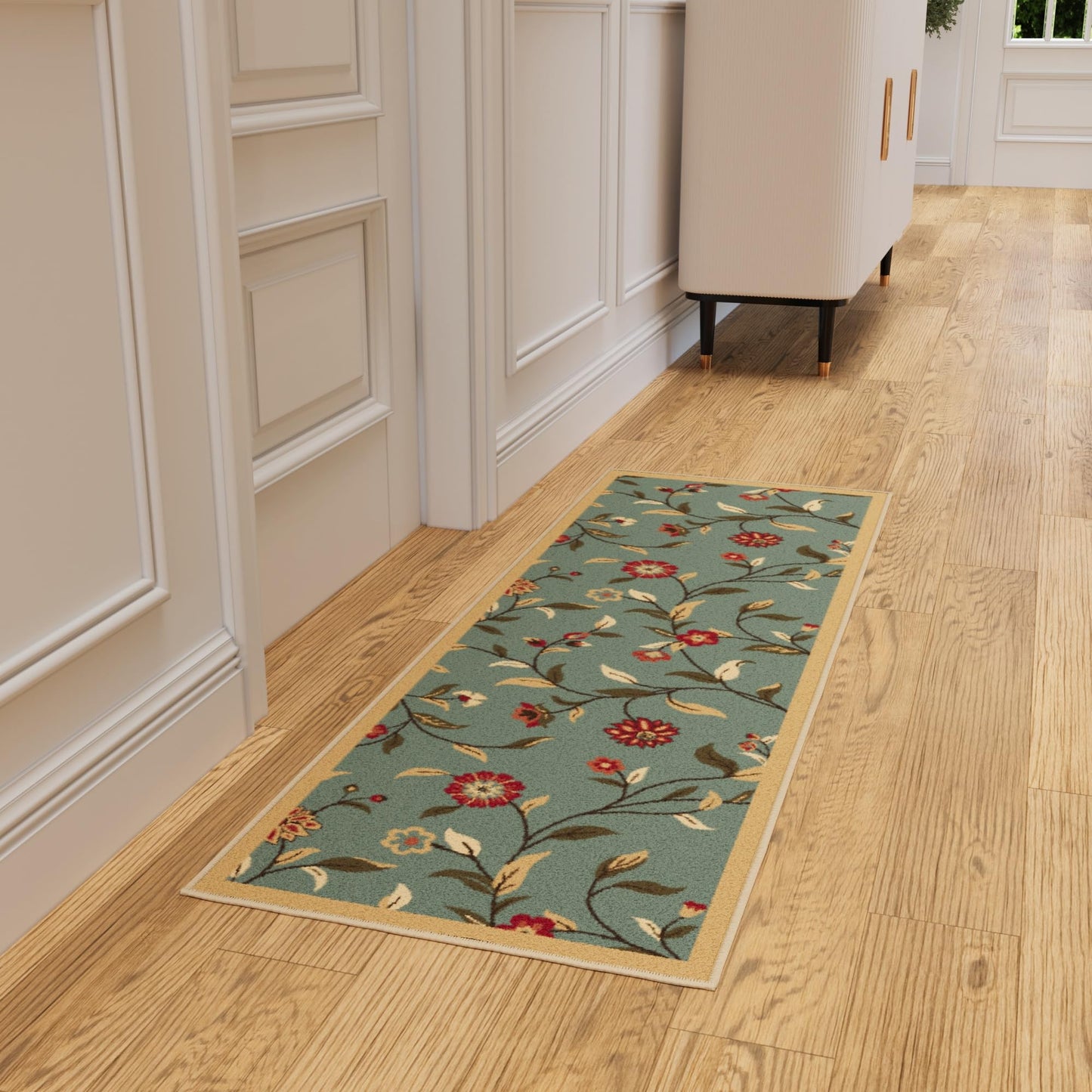 Ottomanson Hallway Runner Rug 20" x 59" Non Slip Floral Area Rugs Easy to Clean Laundry Rug Runner Durable Floor Carpet Runners for Hallways Entryway Living Room Kitchen Bathroom, Seafoam Green