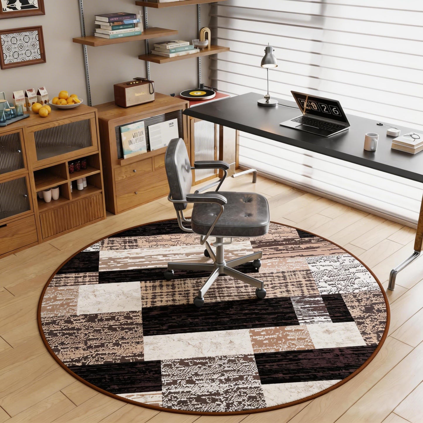 FlyDOIT Modern Round Area Rug for Living Room, 4Ft Washable Round Rug Chocolate Geometric Patchwork Circle Rugs for Dining Room Table, Small Circular Floor Carpet for Bedroom Home Office
