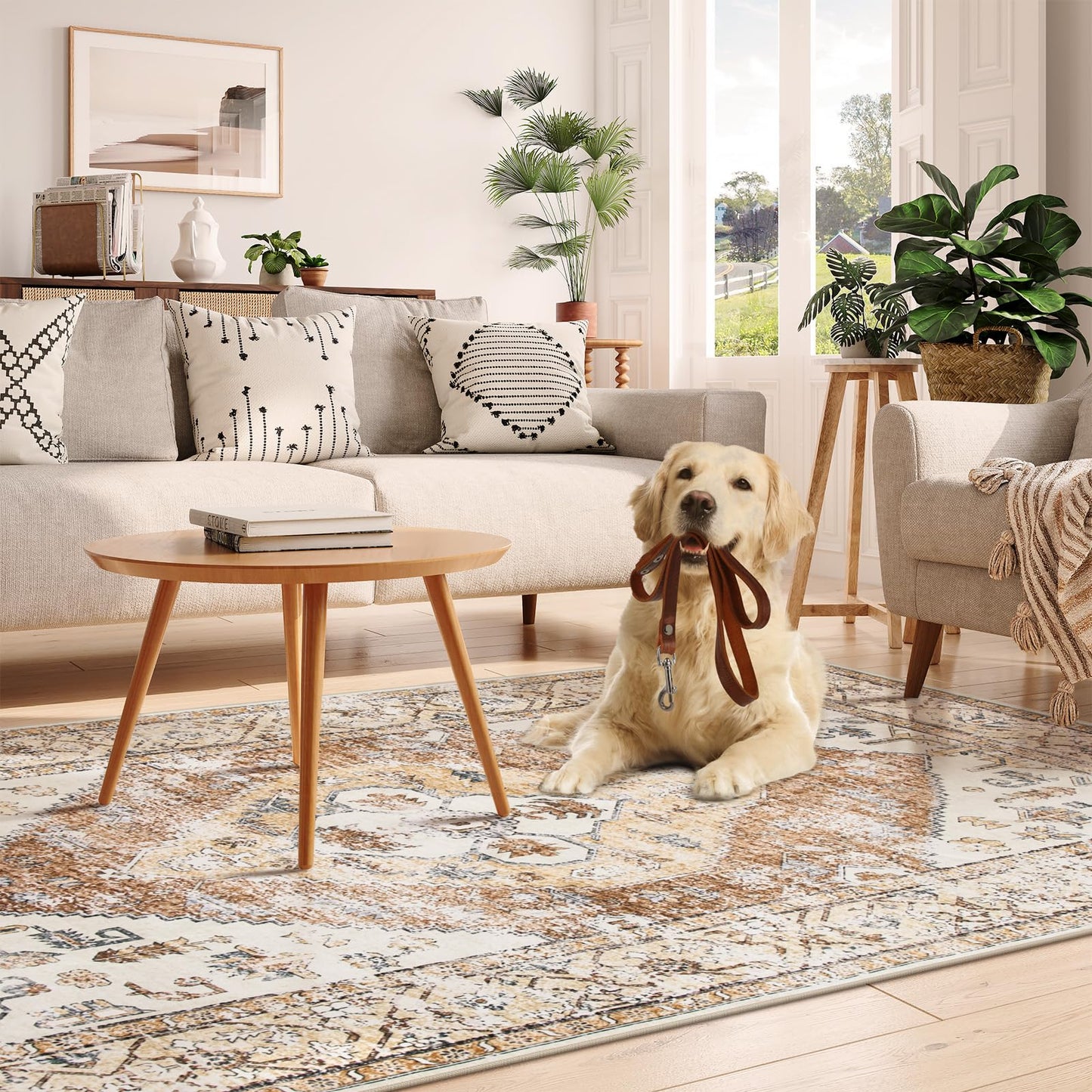 Lahome Rug for Living Room Machine Washable Area Rug 6x9 Boho Non Slip Bedroom Carpet Throw Ultra Thin Carpet for Dining Room, Farmhouse Neutral Print Soft Indoor Mat for Office Adelyn (Taupe, 6'x9')