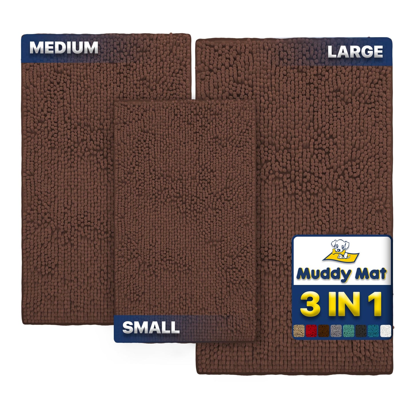 Muddy Mat® Pack of 3 Highly Absorbent Microfiber Dog Door Mat and Pet Rug, Non Slip Thick Washable Area Mat Soft Chenille for Kitchen Bathroom Bedroom and Outdoor - Brown Small, Medium & Large