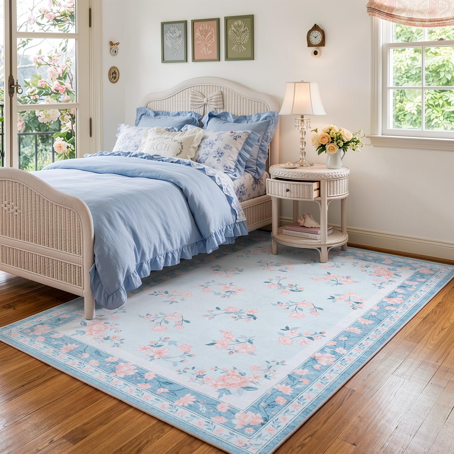 LIVEBOX Washable Area Rug 5x7 - French Country Living Room Rug Non-Slip Nursery Rugs for Boy Girls Bedroom, Soft Carpet Floral Rugs for Play Room Office, Light Blue