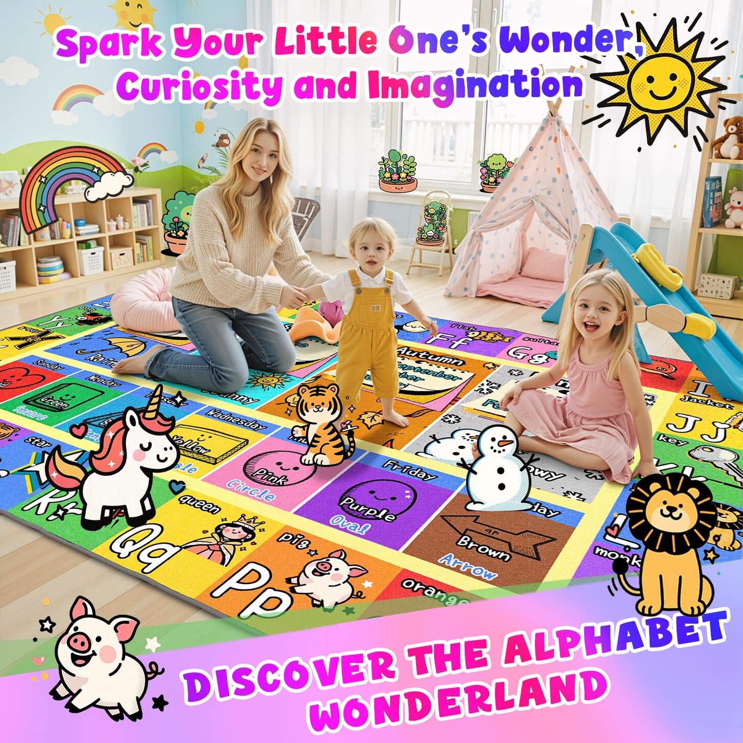 ABC Kids Playroom Rug 4x6 - Soft & Non-Slip Educational Play Mat, Preschool Classroom, Daycare Rug with ABCs, Colors, Shapes, Seasons, Washable Playmat for Toddler Nursery & Kids Room (48x72 Inch)
