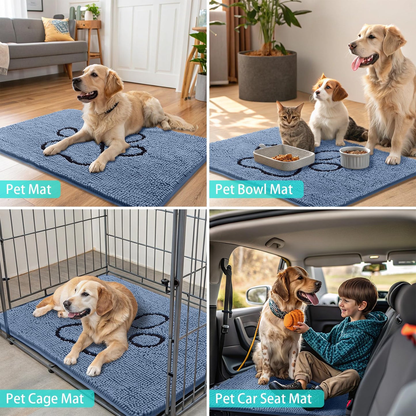 Smiry Dog Door Mat for Muddy Paws, Absorbent Dirt Trapper Non Slip Quick Dry Washable Chenille Mat for Mud Dogs, Entry Rug for Indoor and Outdoor (48x30 Inches, Airy Blue and Black)