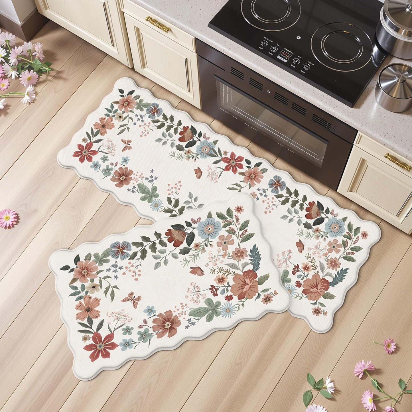 Collive Kitchen Mats Cushioned Anti Fatigue, Scalloped Waterproof Kitchen Floor Mat Beige Sink Rug 2 Piece Non Slip, Comfort Desk Standing Rugs for Bedroom, Office, Laundry