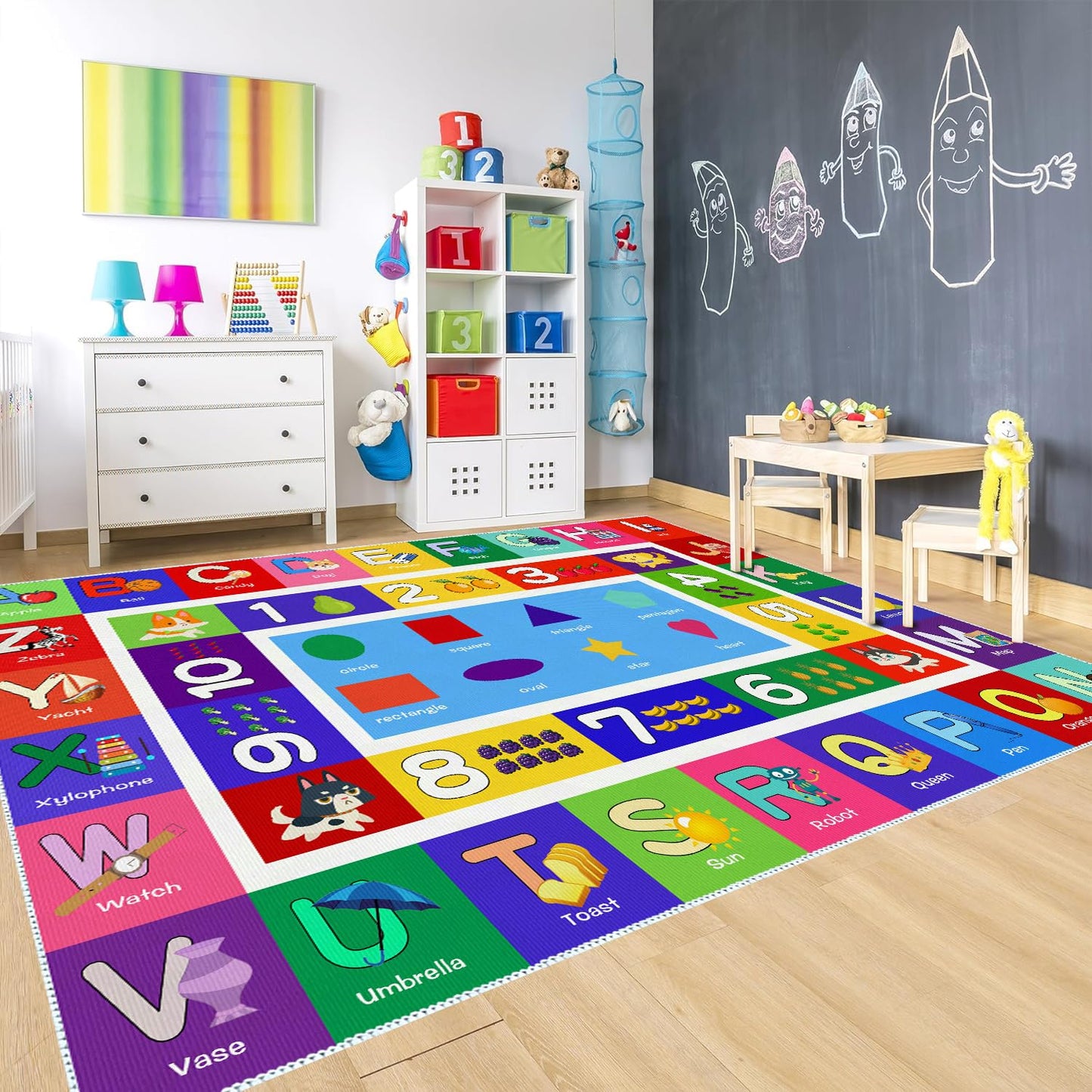 Sejiarep ABC Kids Play Rug - Number Alphabet Shape Fruit Learning Educational Area Rug - Large Non-Slip Kids Room Play Mat (Alphabet, 4' x 2'7" (Rectangular))
