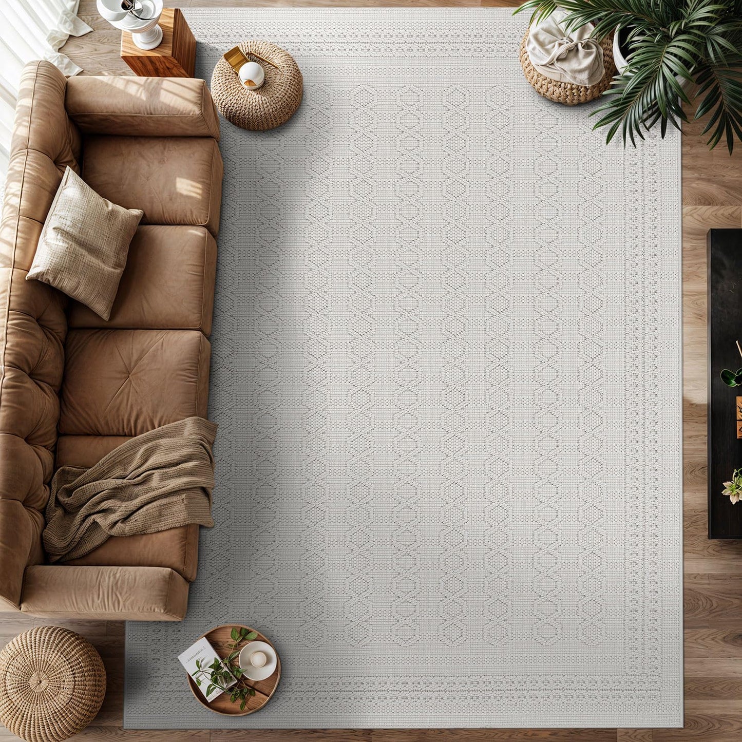 Luul Home Micro Loop Indoor Rug White 5x7 Boho Geometric Neutral Area Rugs for Living Room Soft Luxury Modern Low and High Pile Durable Stain Resistant Non-Shedding Indoor Area Carpet 5 x 7