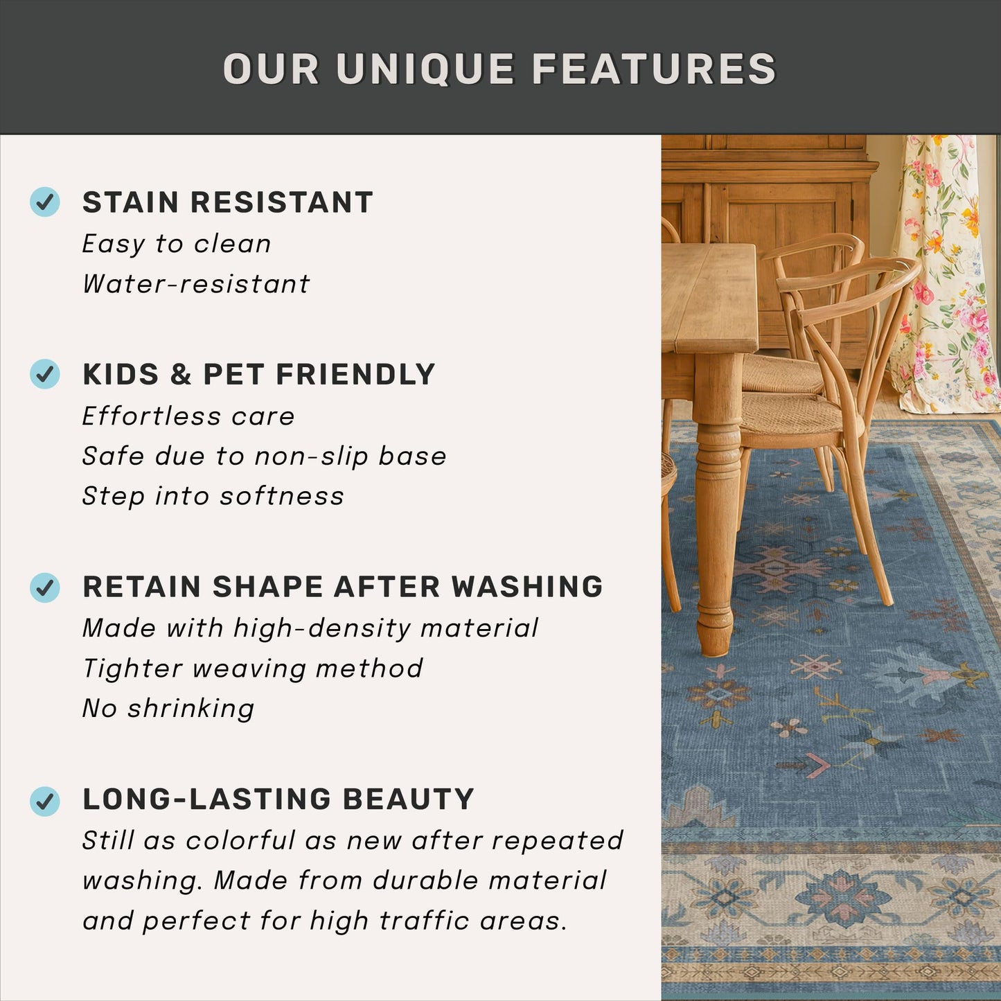 Washable 5x7 Blue Rugs for Kids Room, Boho 5 x 7 Nursery Rug Boys, Colorful Eclectic Low-Pile Carpet for Bedroom, Dining Table, Non-Slip with Rubber Back