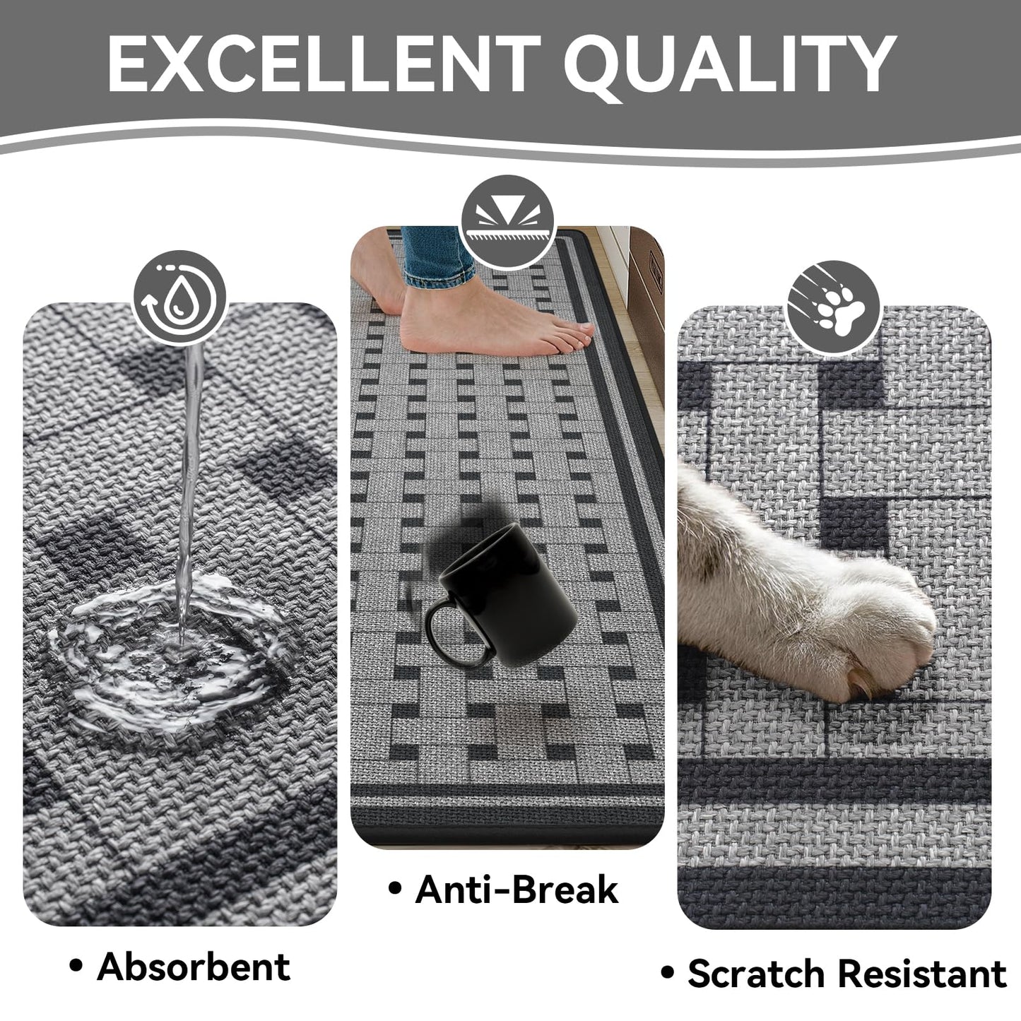 QiCaiJia Kitchen Mats for Floor, 17''x30'' Washable Absorbent Non Slip Kitchen Mat, Braided Kitchen Runner Rug, Kitchen Sink Rug, Grey