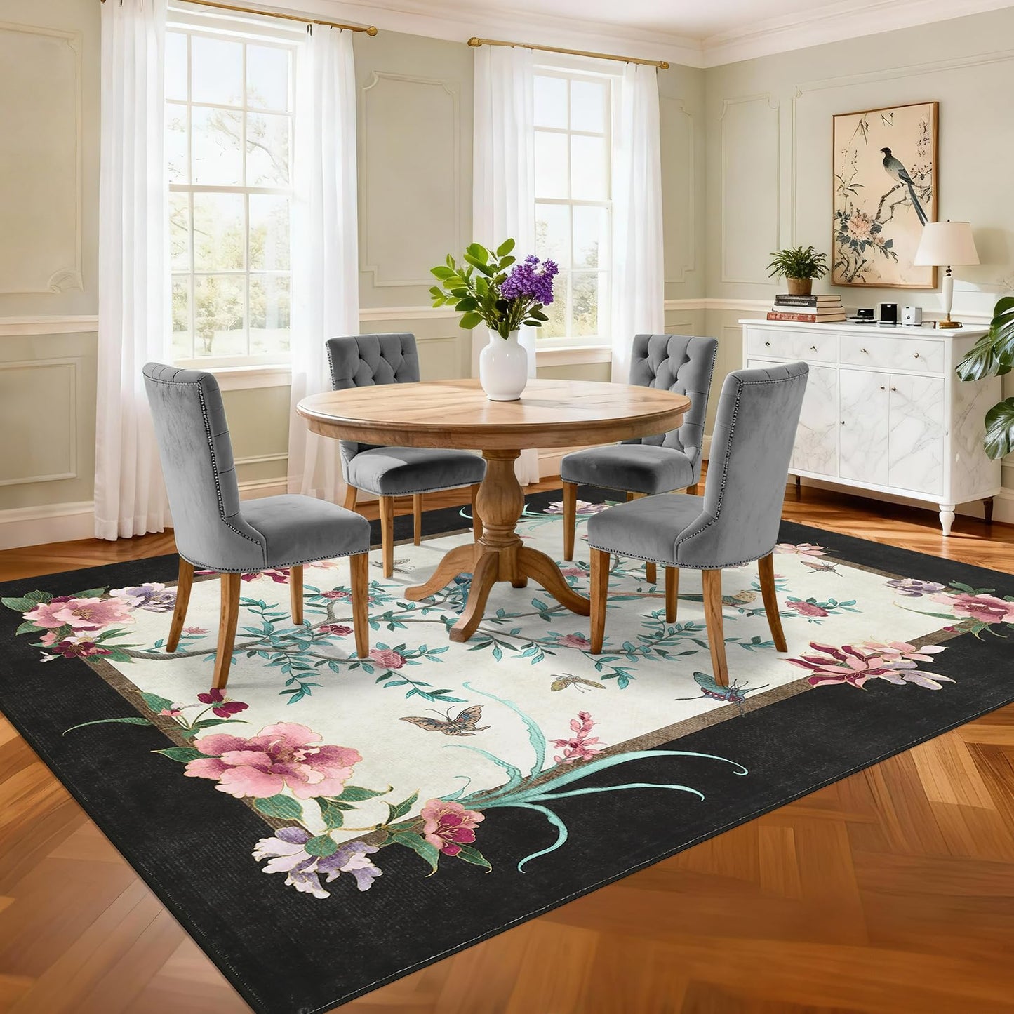 GarveeHome 5x7 Area Rugs Chinoiserie-Style Washable Rugs 5x7 Oriental Colorful Butterfly Birds Floral Rug Non Slip Low Pile for Kids Living Room Bedroom Nursery Dining, Black