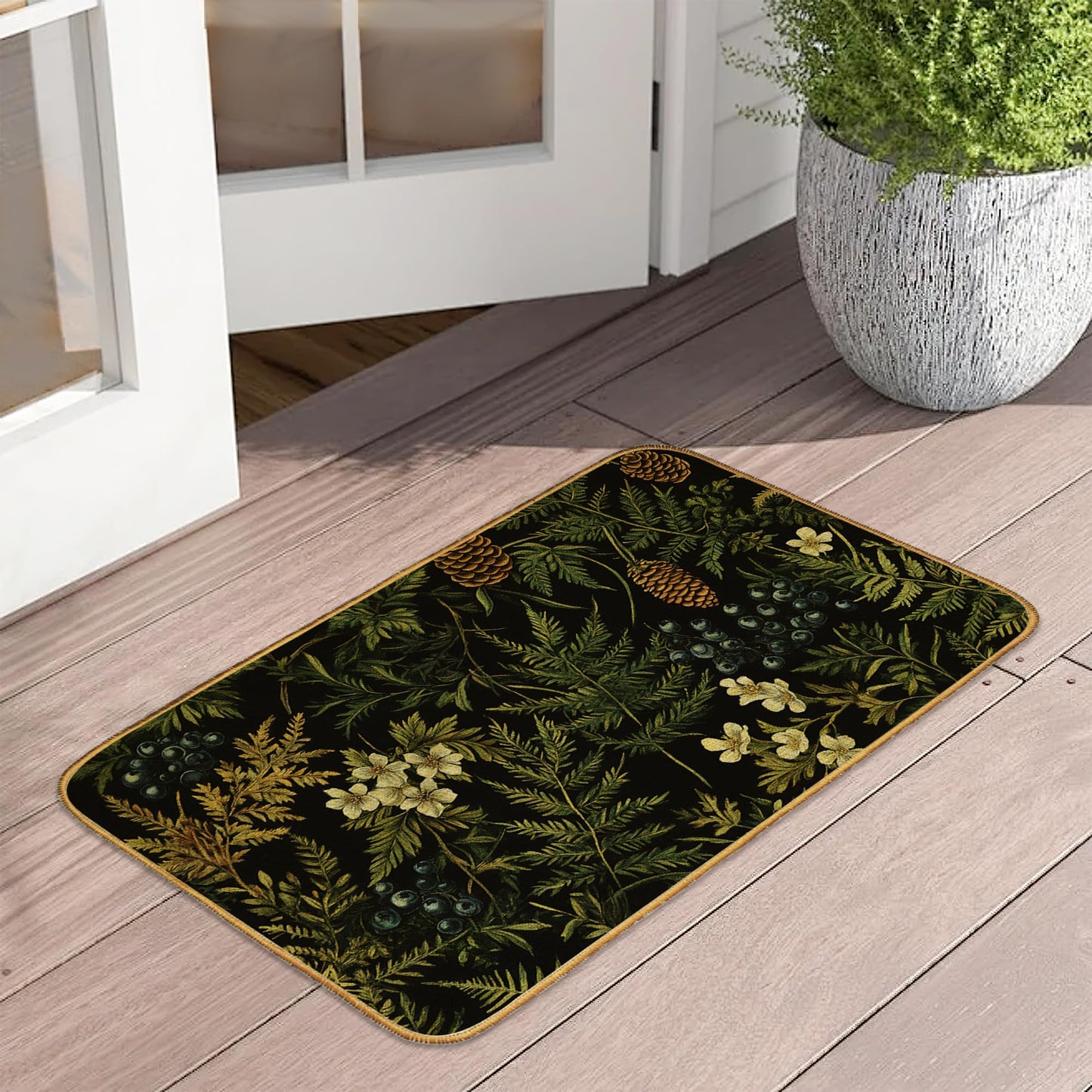 Dark Green Herb Plants Indoor Outdoor Door Mat,Wildflowers Front Floor Mat Non-Slip Absorbent Low-Profile Washable Inside Entrance,Linen Sturdy Soft Entry Doormat for Entryway