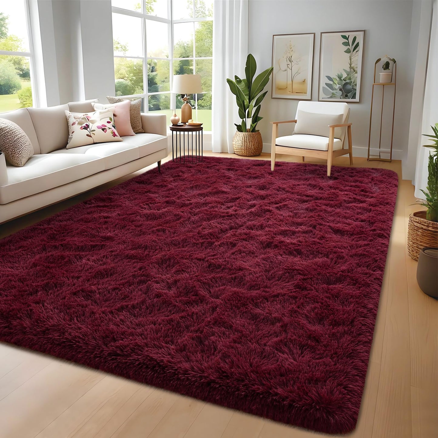 Nuttumico Fluffy Burgundy Red Rug Carpet for Bedroom Living Room, 4x6 Feet High Pile Area Rugs for Boys Kids Girls Decor, Soft Shaggy Plush Cute Floor Rug for Nursery Dorm, Non-Slip