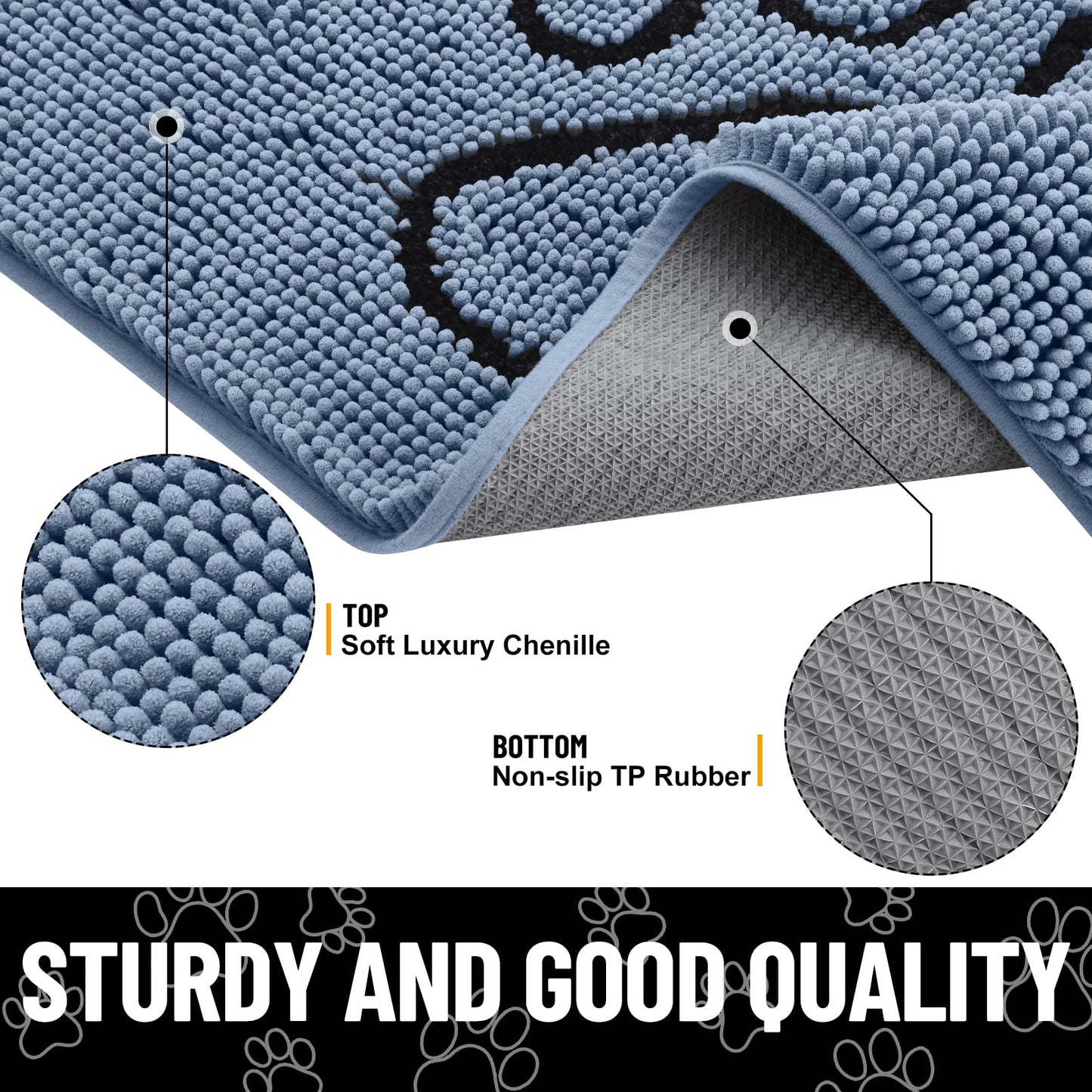 Smiry Dog Door Mat for Muddy Paws, Absorbent Dirt Trapper Non Slip Quick Dry Washable Chenille Mat for Mud Dogs, Entry Rug for Indoor and Outdoor (48x30 Inches, Airy Blue and Black)