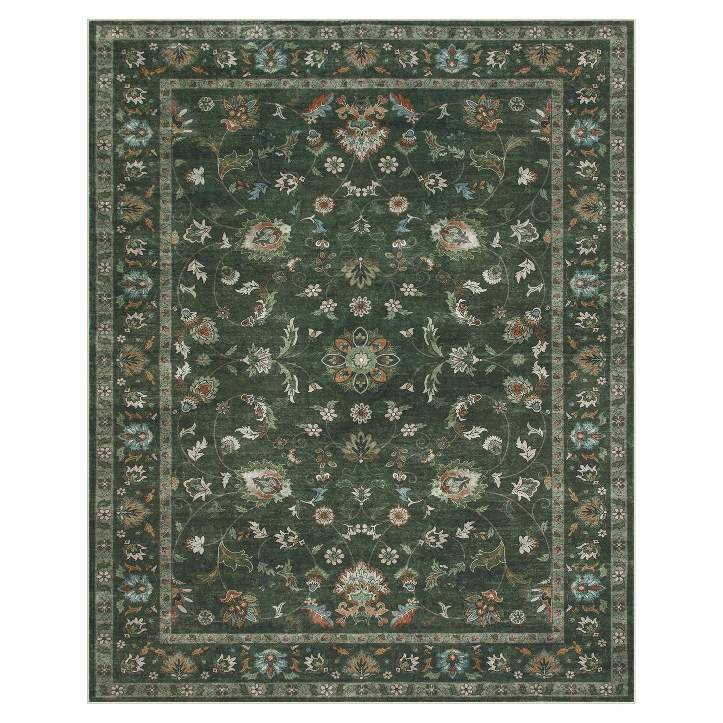 Hedlive 6' x 9' Vintage Floral Area Rug, Washable Green Living Room Rug with Non-Slip Backing, No Shedding, Stain Resistant Carpet for Bedroom Dining Room Under Table Home Office Apartment