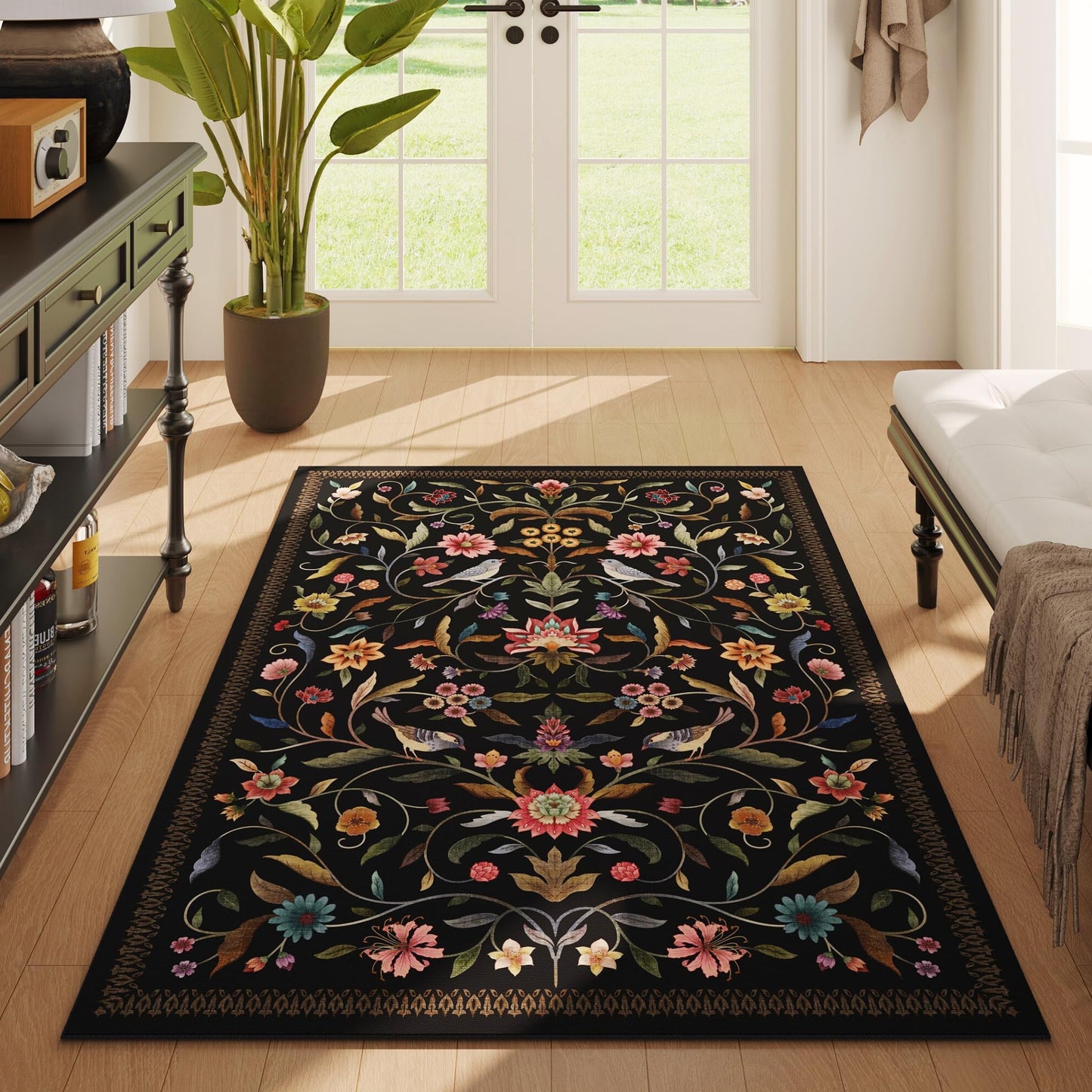 Vowkten Vintage Medallion Floral 3x5 Washable Rug, Soft Low Pile Area Rug, Non-Slip Carpet for Bedside, Bedroom, Bathroom, Entryway, Kitchen, Office, Kids/Girls Room | Black