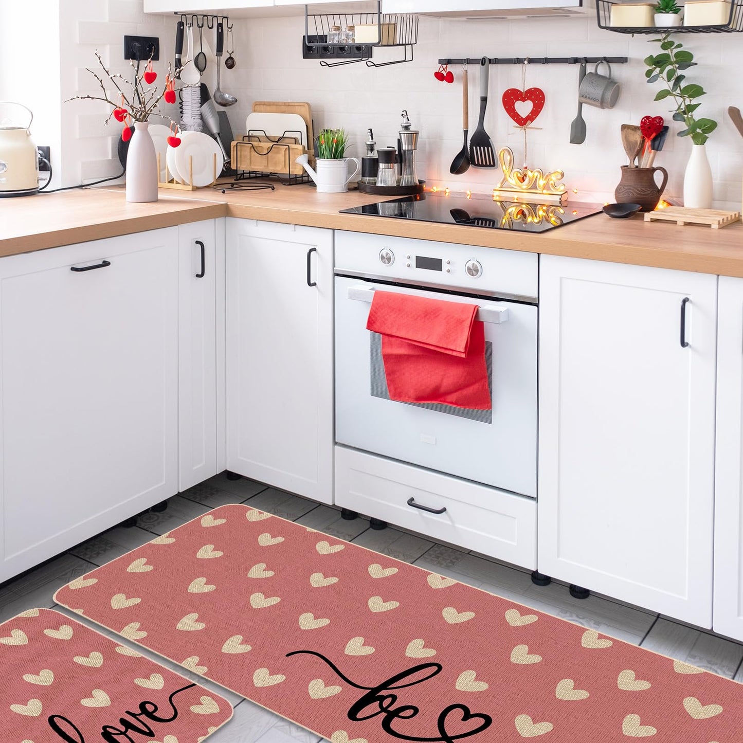 JarThenaAMCS 2 Pcs Pink Love Heart Valentine's Day Kitchen Mat White Heart Kitchen Rug Non Slip Rectangle Doormat Floor Mat for Home Entrance Porch Decoration,17 x 29 and 17 x 47 Inch