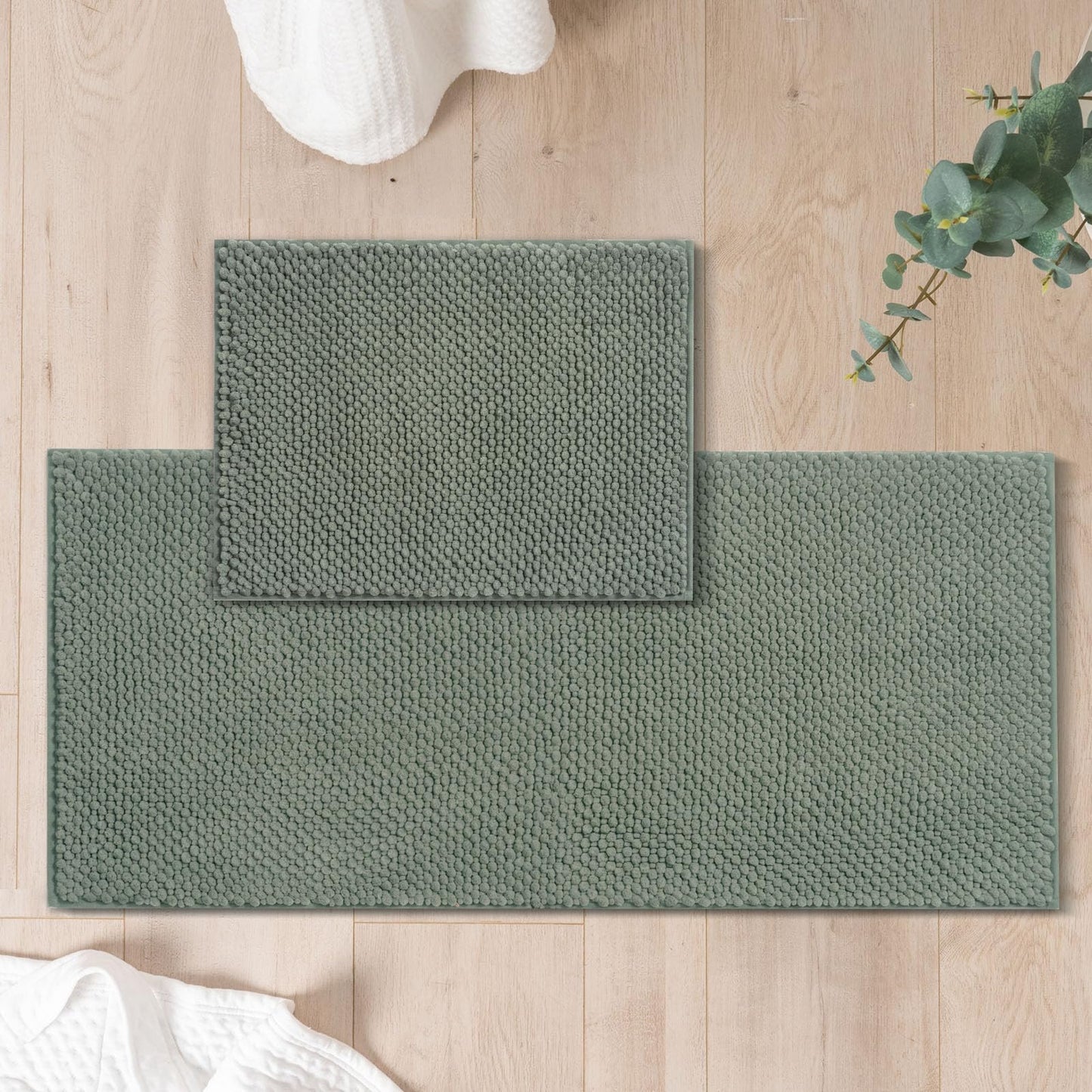 FRESHMINT Chenille Bathroom Rugs Set - 2 Piece 17"x24" + 20"x47", Non-Slip Bath Mats, Water Absorbent, Washable Shower Floor Mat, Sage Green
