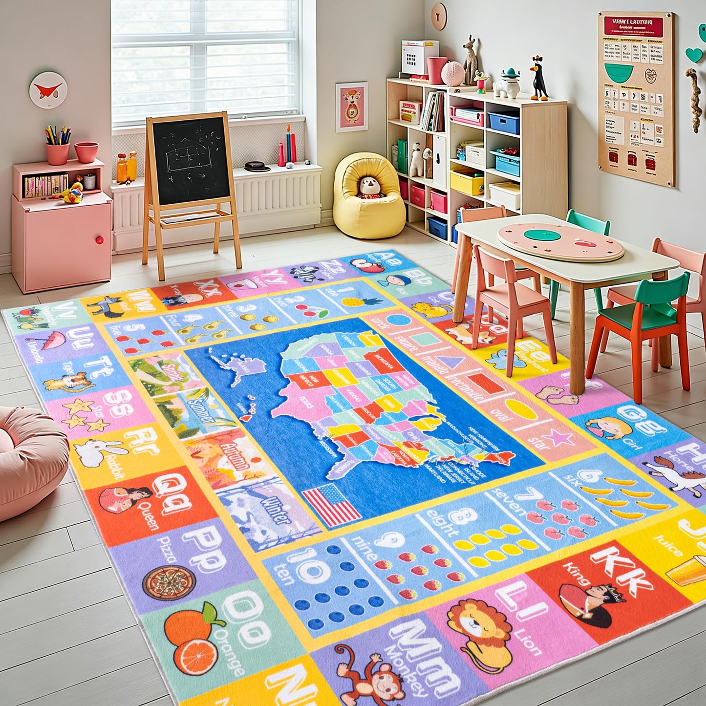 OHDS Kids Rugs for Playroom - Soft & Non-Slip 3x4 Feet Educational Rug for Learning ABC Alphabet, Numbers, Shapes & Map, Washable Classroom Rug for Toddler Nursery & Kids Room Decor