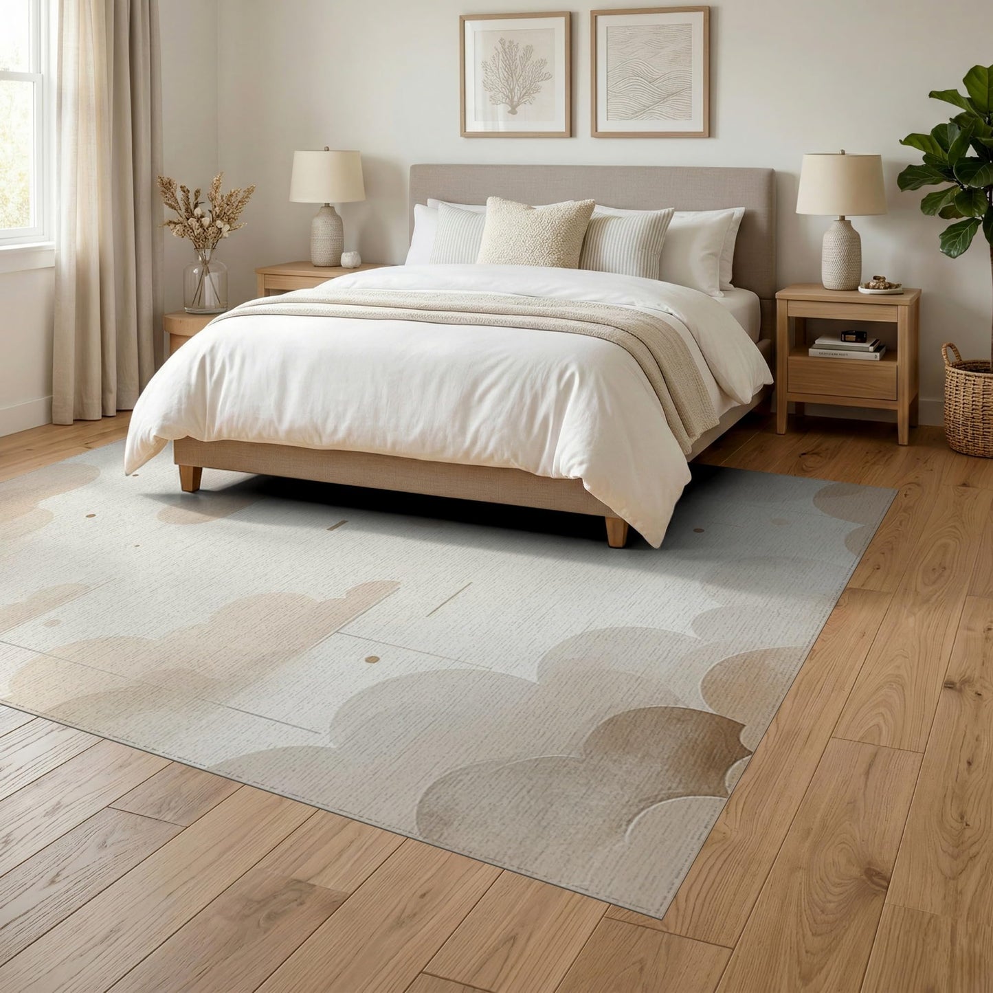 ODIKA 6'x9' Whispering Abstract Drift Forms Drifting Minimalist Border Floating Washable Area Rug for Dining Room, Under Table, Office, Non-Slip Chair-Friendly Floor
