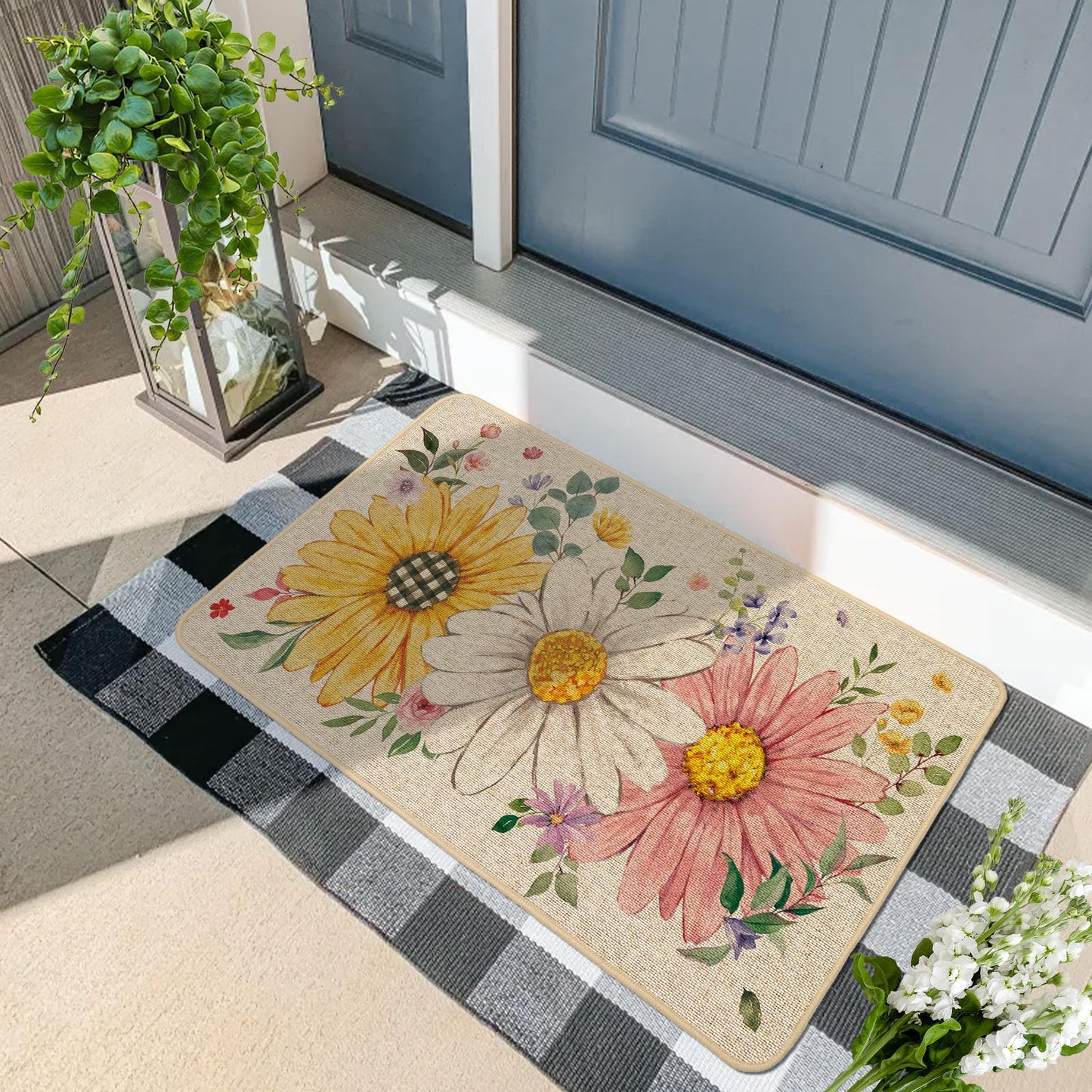 Baccessor Spring Summer Floral Doormat Outdoor Outside, Sunflower Daisy Flowers Door Mat Low-Profile Non-Slip Rubber Backing Entrance Front Seasonal Holiday Decoration 17x29 Inch