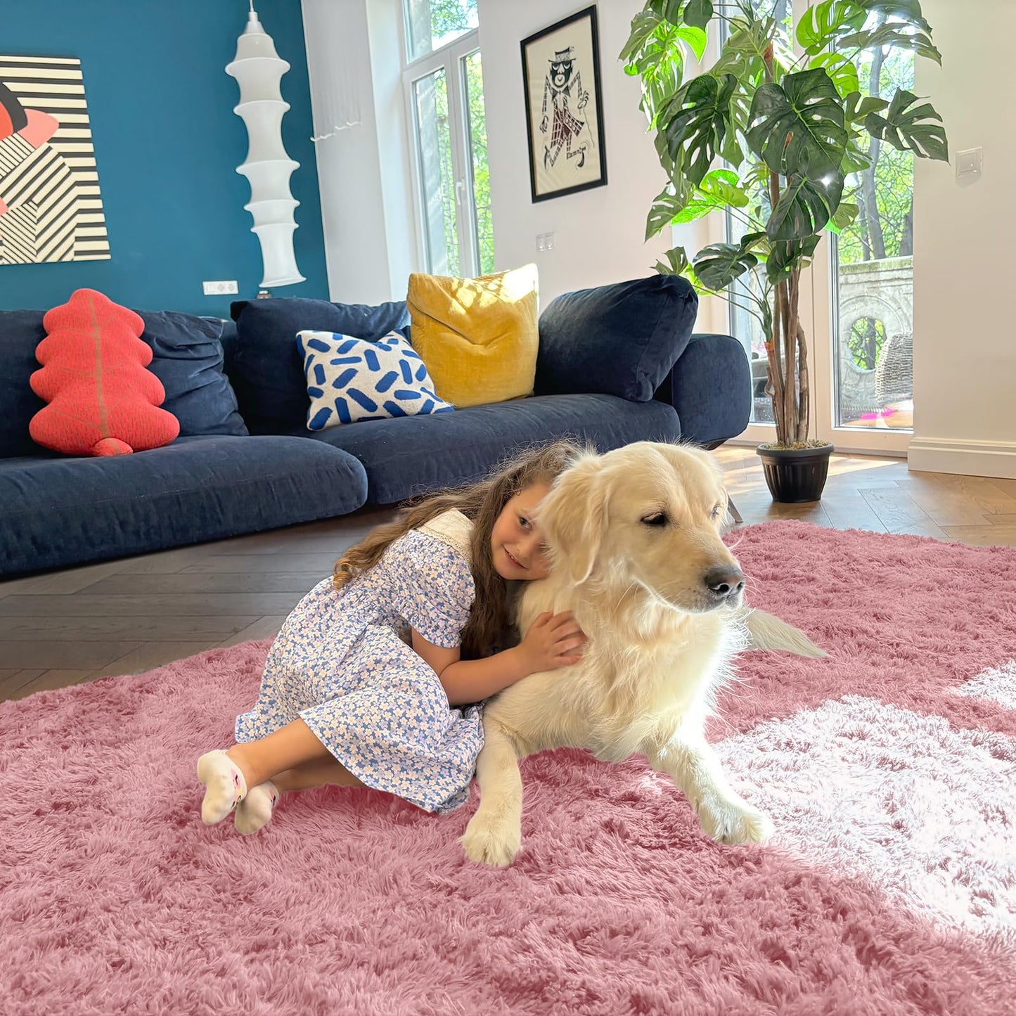 OLANLY 5x7 Machine Washable Large Area Rugs for Living Room, Bedroom, Soft Fluffy Shaggy Bedside Rug, Indoor Floor Carpet for Kids Girls and Boys, Dorms, Nursery, Home Decor Aesthetic, Pale Pink
