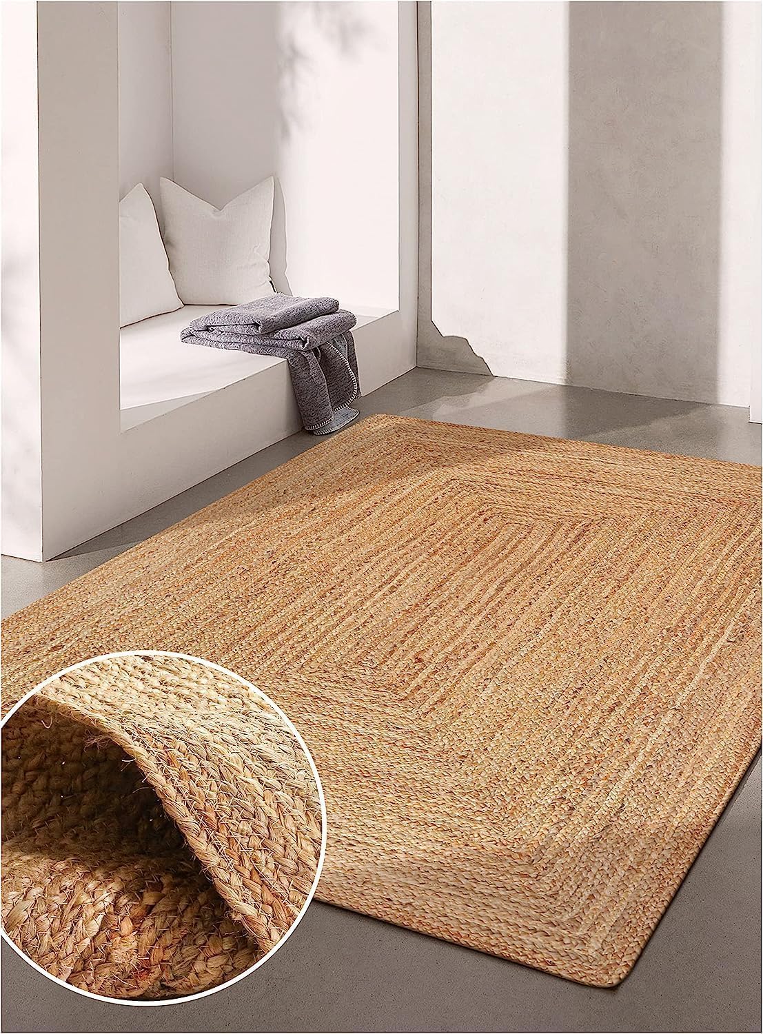 KEMA 3X5 Feet Handwoven Jute Braided Area Rug, Natural Yarn - Rustic Vintage Braided Reversible Rectangular Rug- Rugs for Bedroom, Kitchen, Living Room, Farmhouse