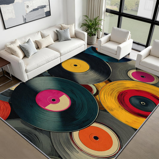 Vinyl Record Area Rug, Washable Rugs for Bedroom, 5x8 Rug for Living Room, Retro Colorful Music Record Carpet, Non-Slip & Soft Low Pile & Stain Resistant Large Rugs, Vintage Musical Pop Art Home Decor