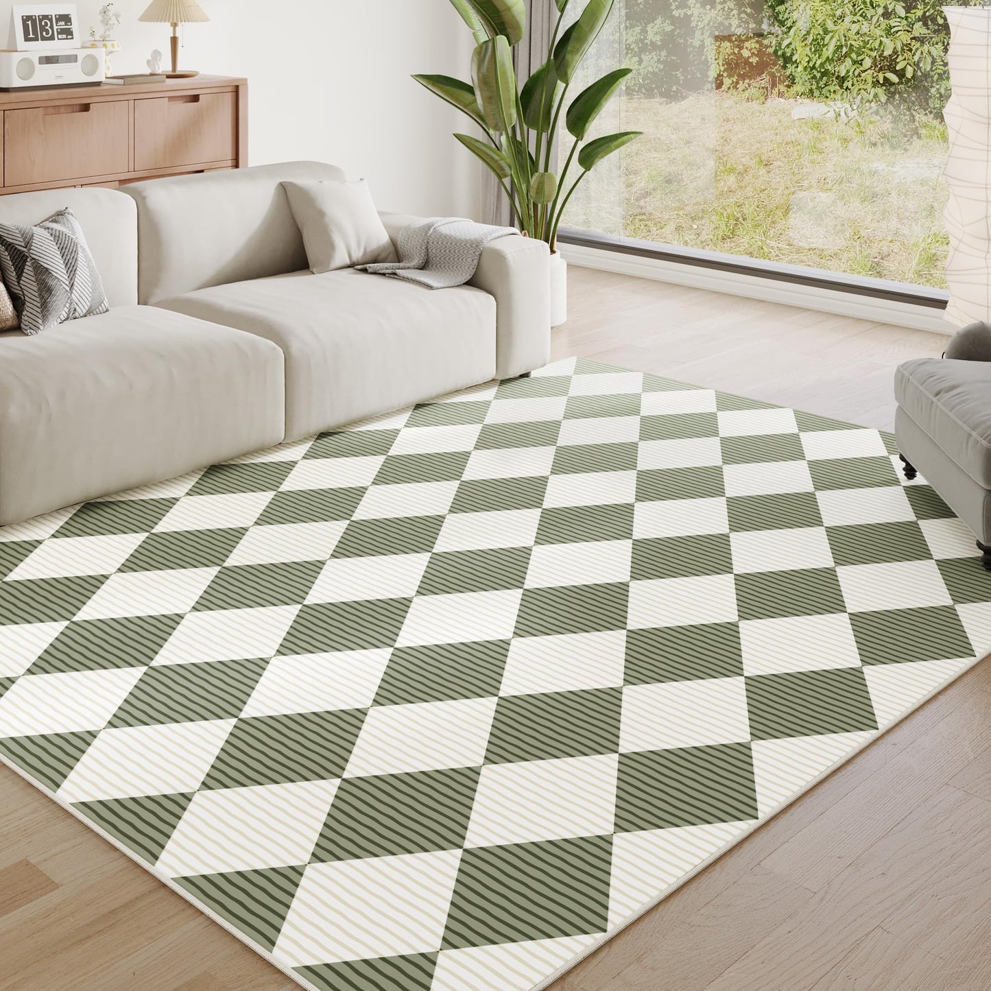 ARKIIKI 5x7 Washable Checkered Rugs for Bedroom, Green and White Area Rug for Living Room, Geometric Faux Wool Carpet for Kids, Girls, Boys Playroom, Dorm, Nursery, Dining Room, Kitchen, Non Slip