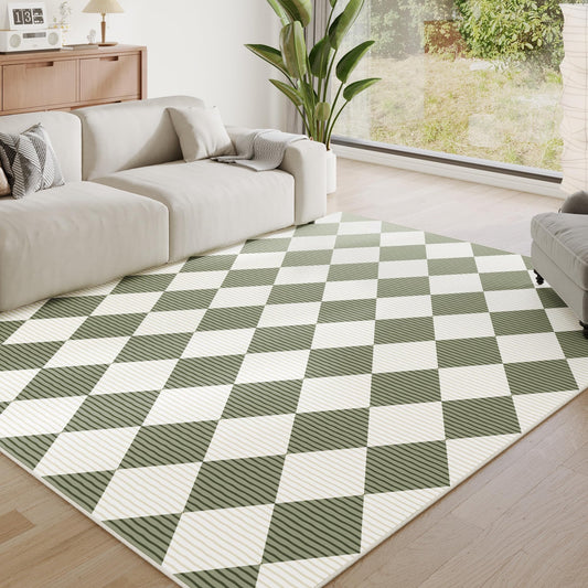 ARKIIKI 5x7 Washable Checkered Rugs for Bedroom, Green and White Area Rug for Living Room, Geometric Faux Wool Carpet for Kids, Girls, Boys Playroom, Dorm, Nursery, Dining Room, Kitchen, Non Slip