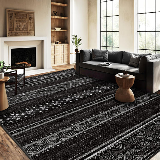 BESTSWEETIE 8x10 Area Rugs for Living Room Washable Moroccan Farmhouse Neutral Geometric Low Pile Non-Slip Soft Print Pattern Rug for Bedroom Kitchen Dining Room Entryway Black/White