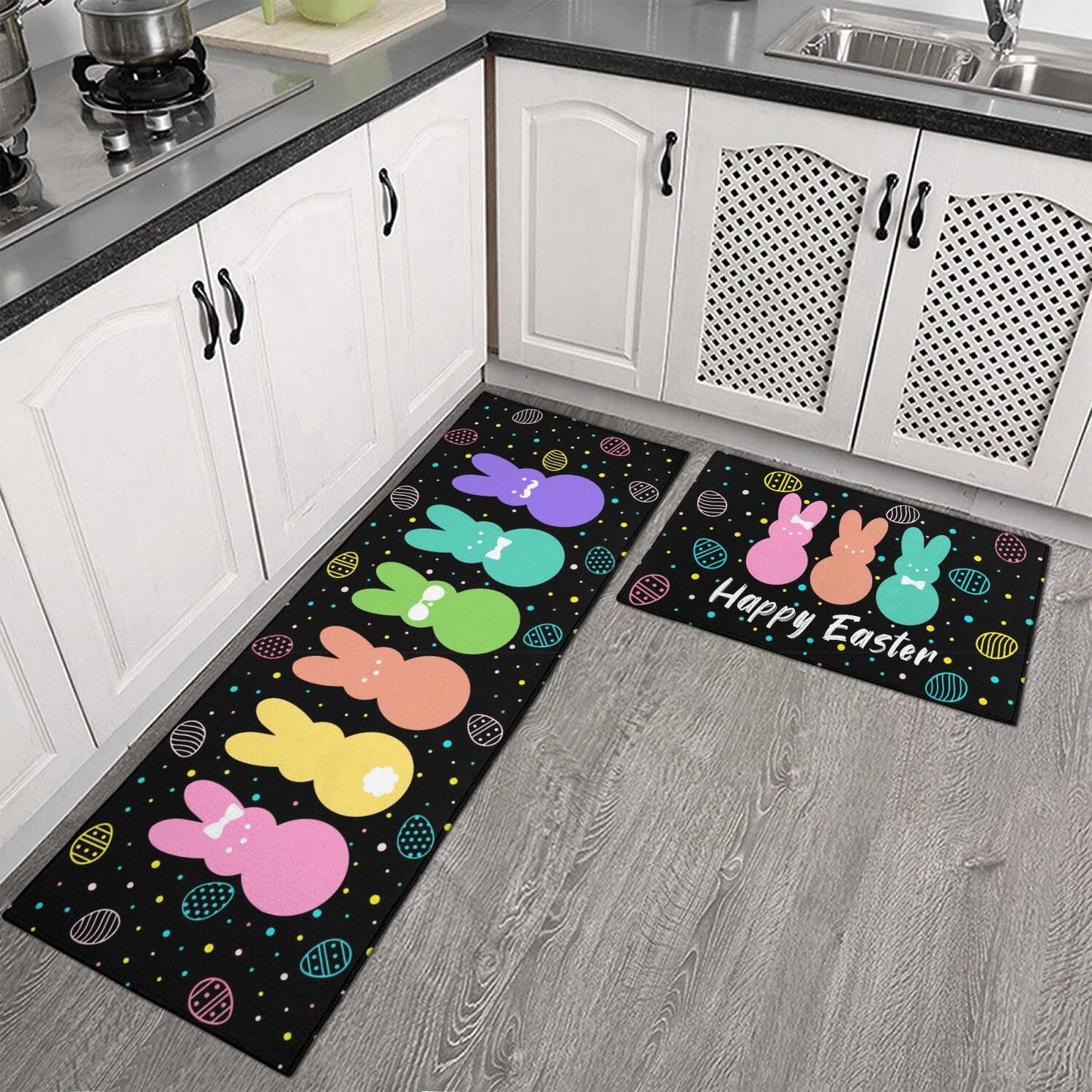 Qeenking Cute Easter Rabbit Farmhouse Kitchen Rugs Sets of 2, Black Bunny Washable Anti Fatigue Runner Mats for Floor, Non Slip Holiday Decor Mat for Sink, Laundry, Office 17"x 47"+17"x 30"
