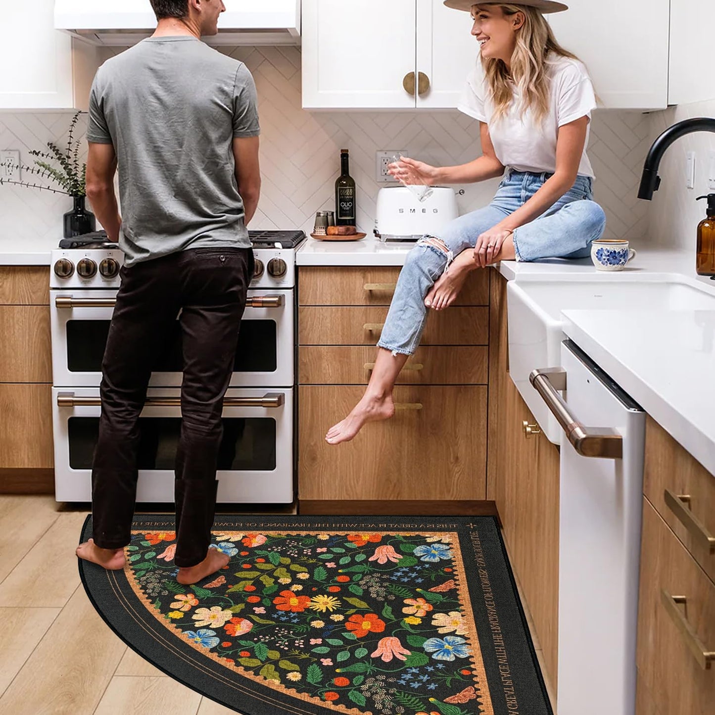 SHIYUE Triangle Corner Rug Kitchen Rugs Washable Non Slip Area Rug Water, Comfort Soft Rubber Standing Sink Mat Bathroom and Bedroom Laundry Mat(32in Flower Park)