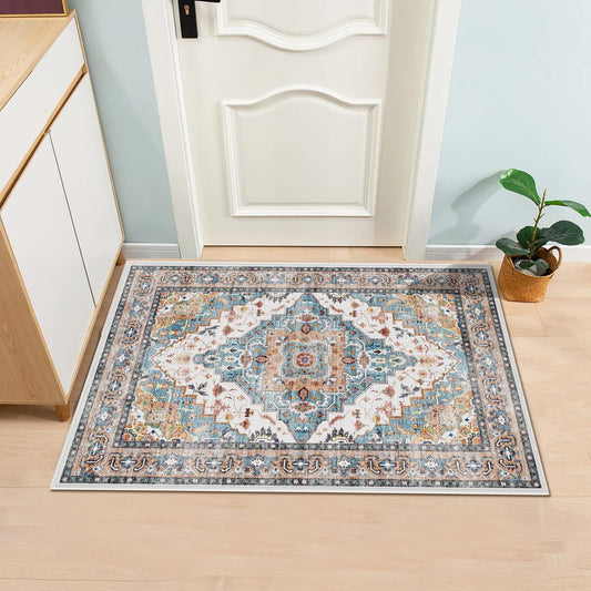 YLAREE Washable Rug Small Entryway Area Rug Non Slip Indoor Door Mat 2x3 Entrance Stain Resistance Low Pile Throw Rugs for Inside Front Door Floor Bedroom Kitchen Entry, Blue Brown