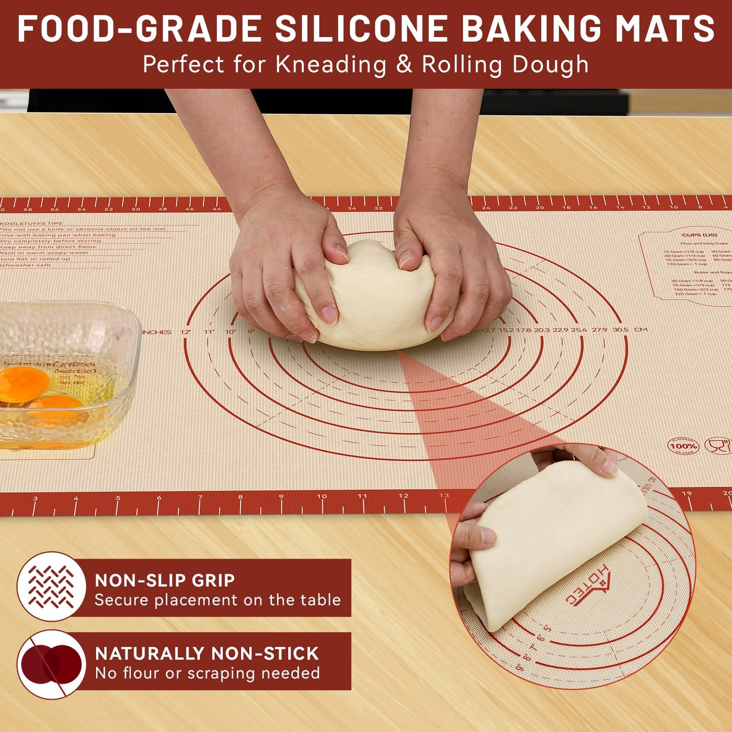 HOTEC Silicone Baking Mat - 26x16 Thickened Pastry Dough Mat with Measurement Non-Stick For Dough Rolling, Bread, Oven Liner, Kitchen Counter, Fondant/Pie Crust