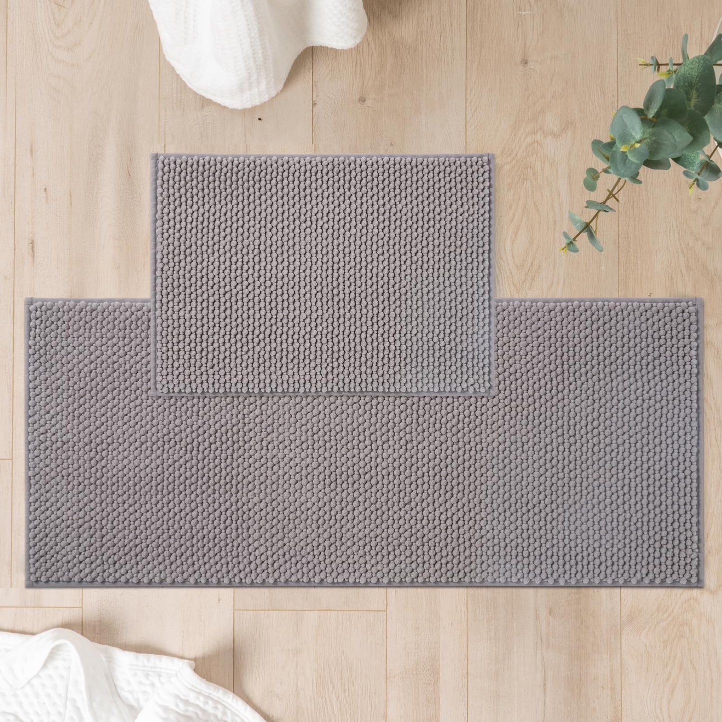 FRESHMINT Chenille Bathroom Rugs Sets 2 Piece 17"x24"+20"x47", Non-Slip Bath Mats Set for Bathroom, Absorbent Bath Rug, Washable Set of 2 Shower Floor Mat Runner, Gray