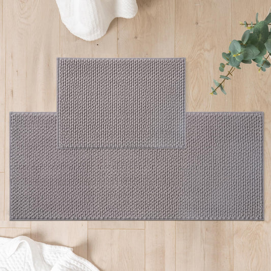 FRESHMINT Chenille Bathroom Rugs Sets 2 Piece 17"x24"+20"x47", Non-Slip Bath Mats Set for Bathroom, Absorbent Bath Rug, Washable Set of 2 Shower Floor Mat Runner, Gray