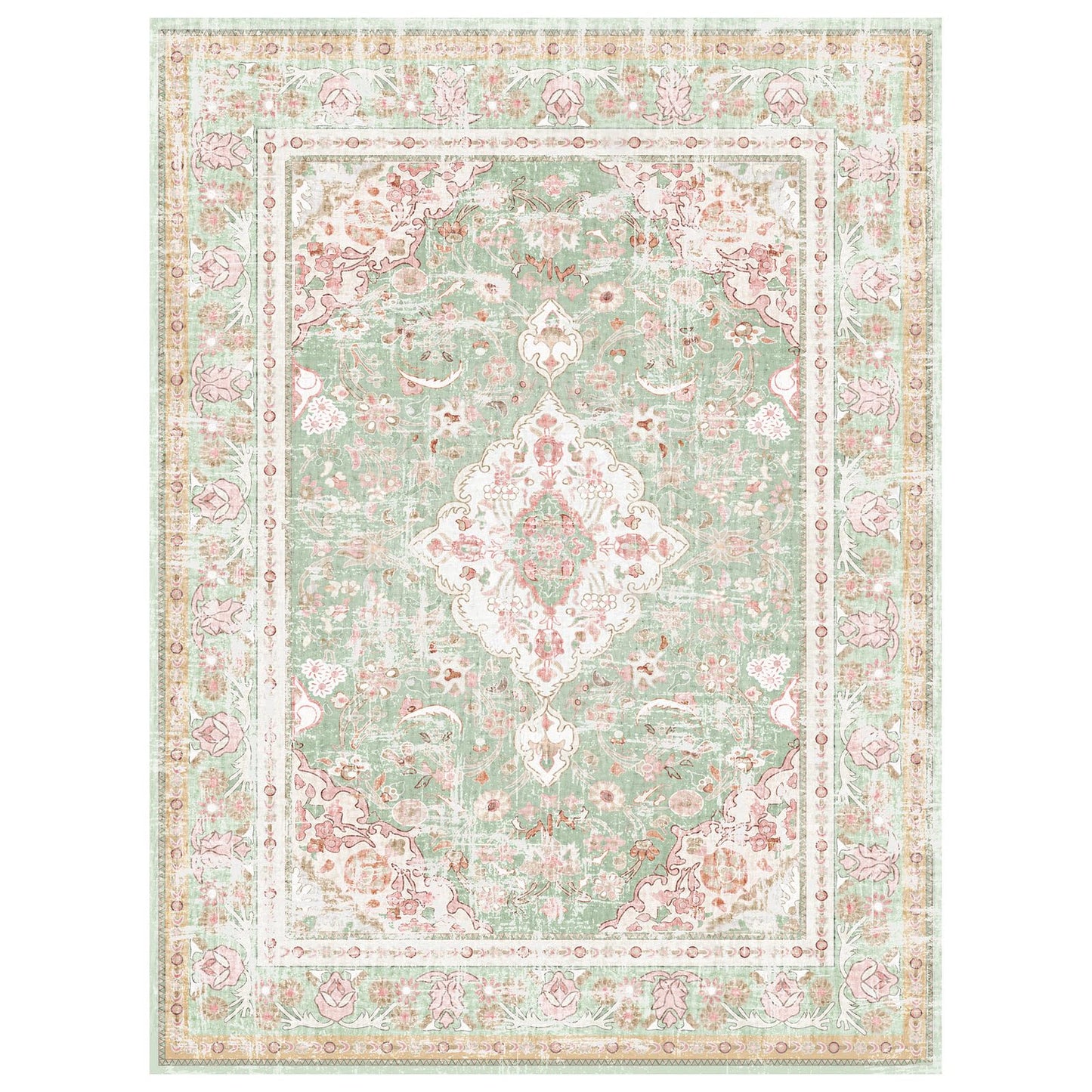 Vhong Washable Area Rugs Boho Vintage Modern Neutral Small Carpet Green and Pink High Traffic Rugs 3×5 for Dinning Room Living Room Bedroom Farmhouse Non Slip