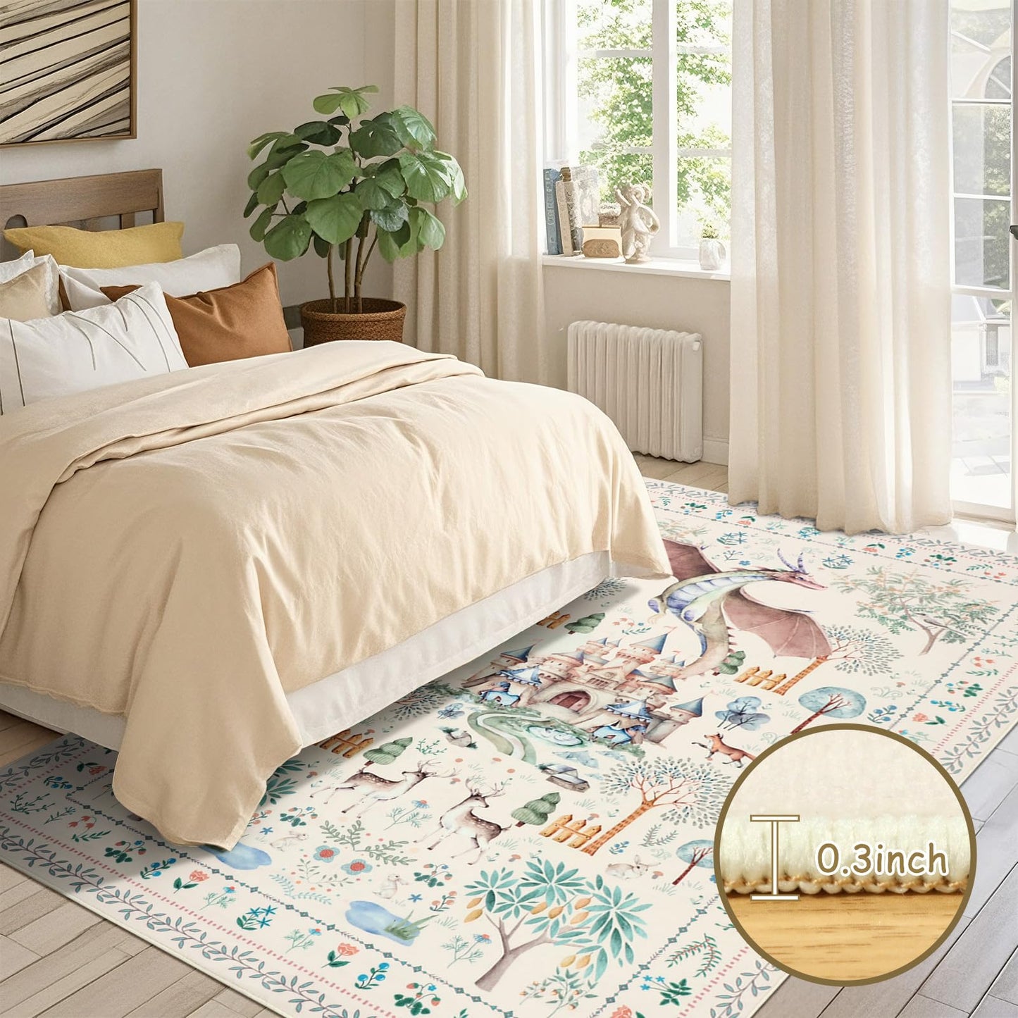 nesrt Washable Area Rugs for Living Room 5x7ft Beige, Soft Dragon Animal Print Bedroom Rugs Non Slip, Botanical Forest Kids Nursey Playroom Floor Carpets for Dining Room Farmhouse Home Office Decor