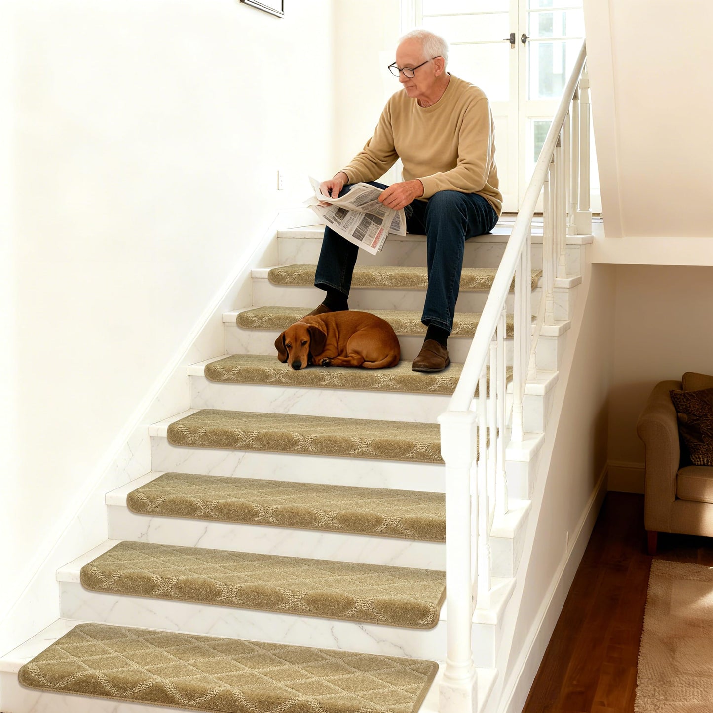 DEXDE Bullnose Stair Treads for Wooden Steps 14 Pcs, Non-Slip Peel and Stick Carpet Stair Runners, Washable Indoor Rugs with Edge Protection, 30"x9.5"x1.5", Khaki