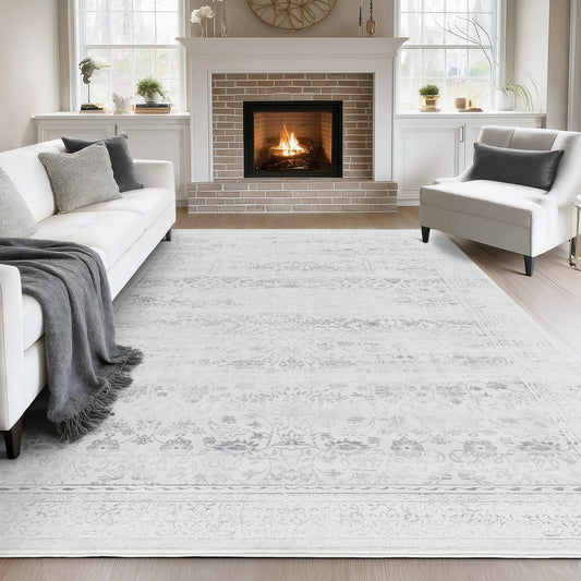 LAISE Indoor Washable Rugs 8x10 Floral Rug Vintage Large Soft Non-Slip Carpet Indoor Floor Stain Resistant Carpets for Bedroom Dining Room Farmhouse Home Office Powder Room (Gray,8x10)